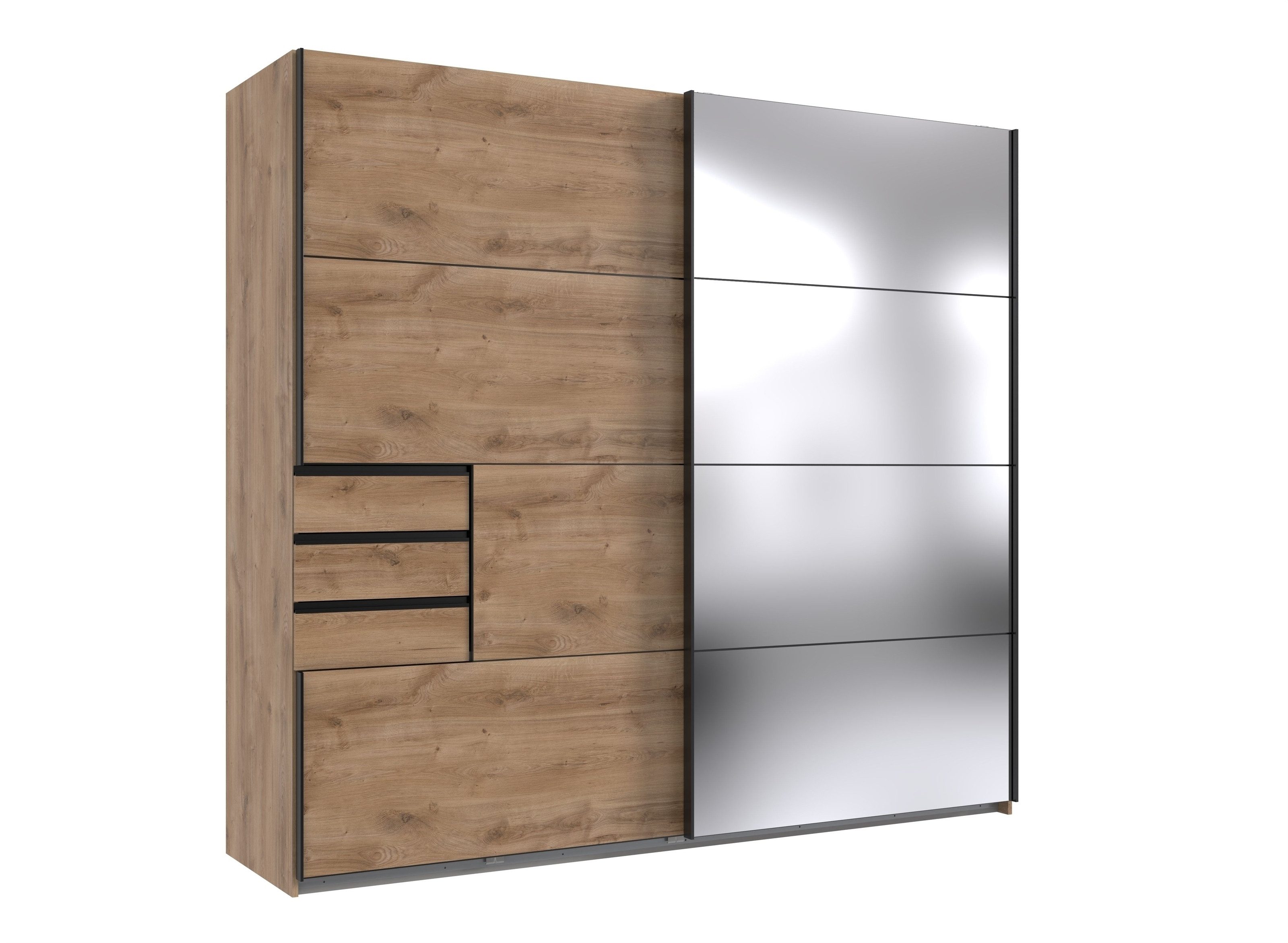 freiraum Schwebetürenschrank Saigon 3 Schübe, Spiegel / Plankeneiche Nachbildung - 225x208x64cm (BxHxT)