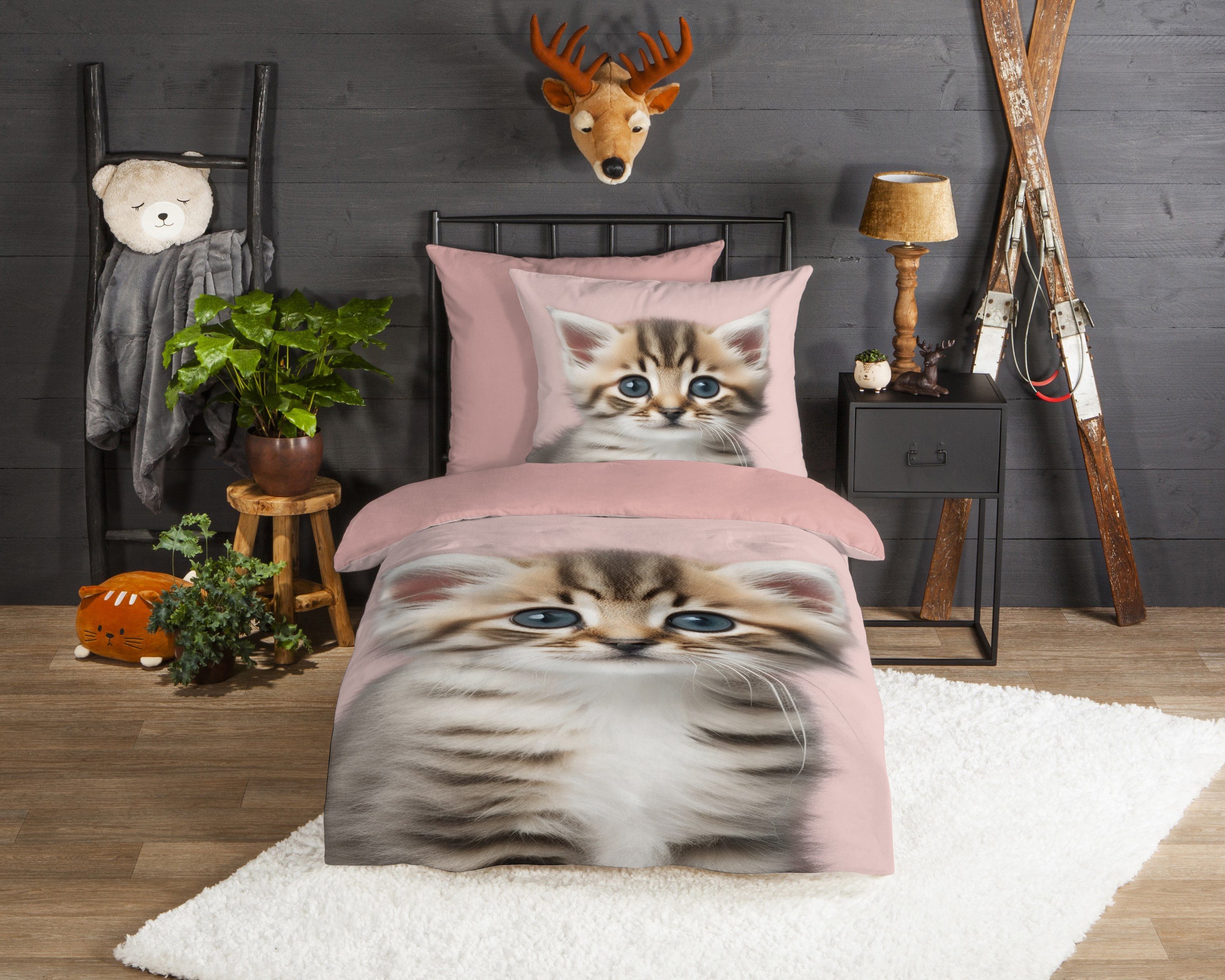 good morning Kinderbettwäsche Meow, Biber, Flanell, 2 teilig, Flanell, Biber, 135x200, Warm, Wendeoptik, Kind, Mädchen, Katze, Rosa – Bild 2 von 4