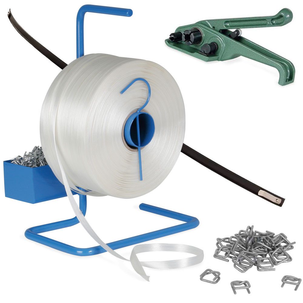 BRB-Lagertechnik Spanngurt Umreifungsset mit Bandspanner u. 850 m Polyester-Kraftband Umreifungs-Komplett-Set
