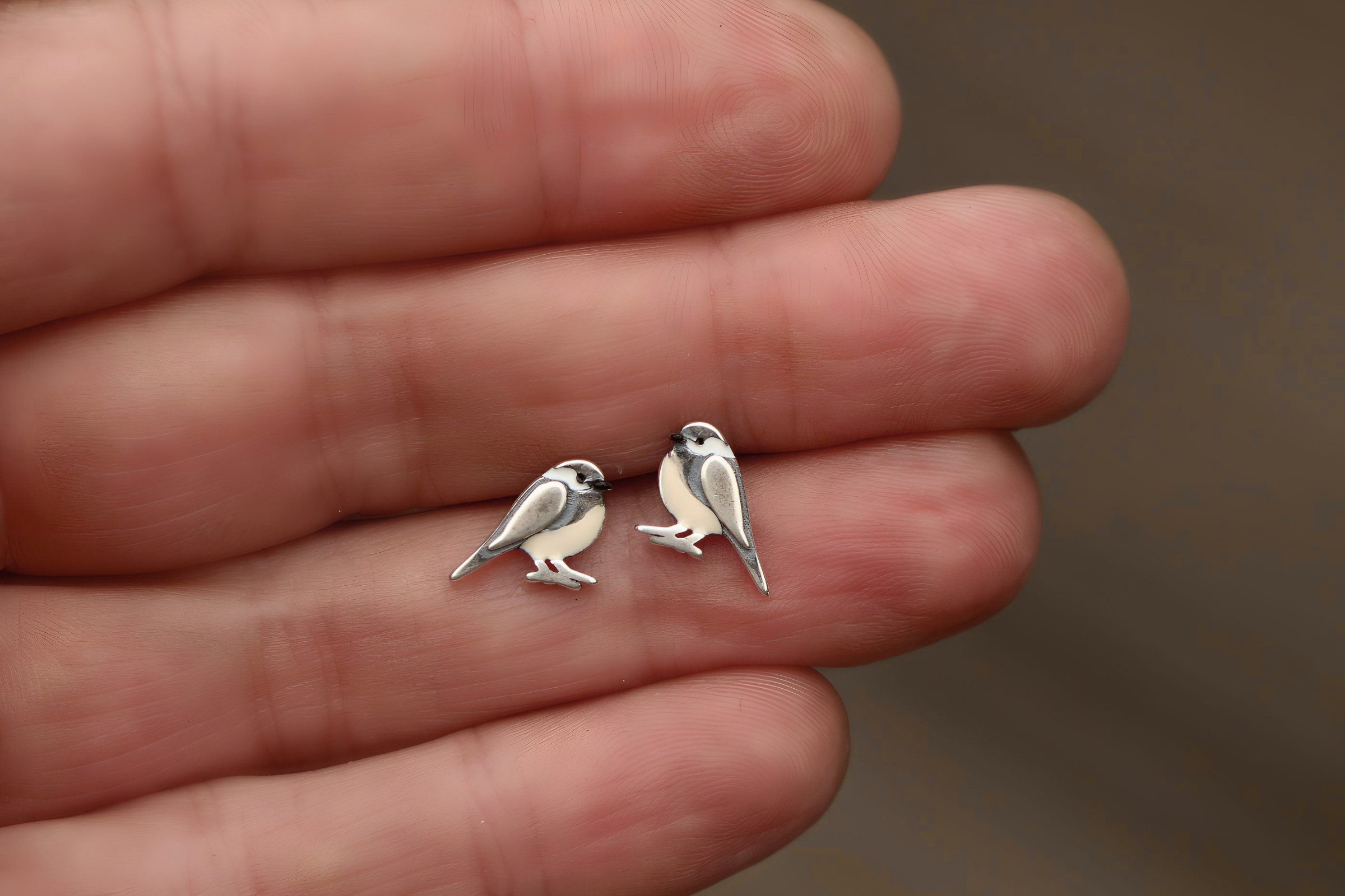 Villa Sorgenfrei Schmuckmanufaktur Paar Ohrstecker Kleine Meisen Ohrstecker. 925 Sterling Silber und Emaille
