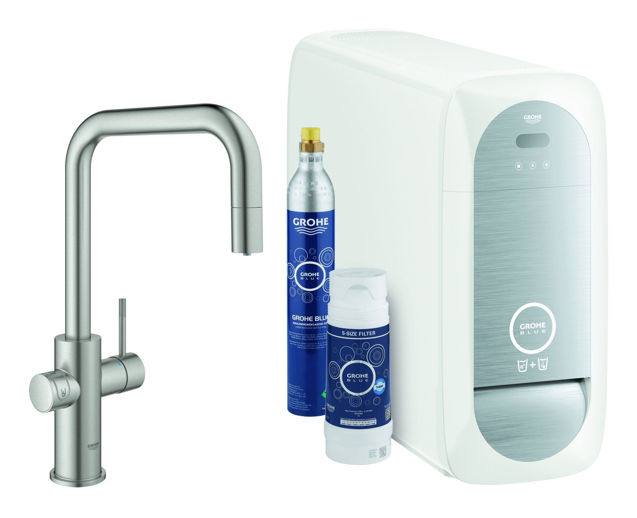 Grohe Küchenarmatur Blue Home Starterkit Spültischarmatur mit U-Auslauf, herausziehbar - Supersteel