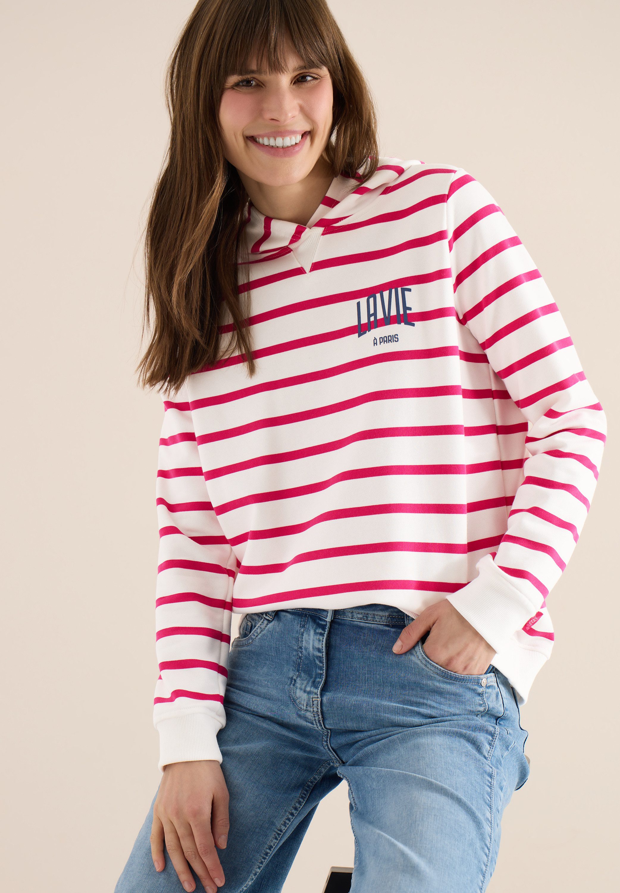CECIL Hoodie mit Print auf der Brust und in Streifen-Optik