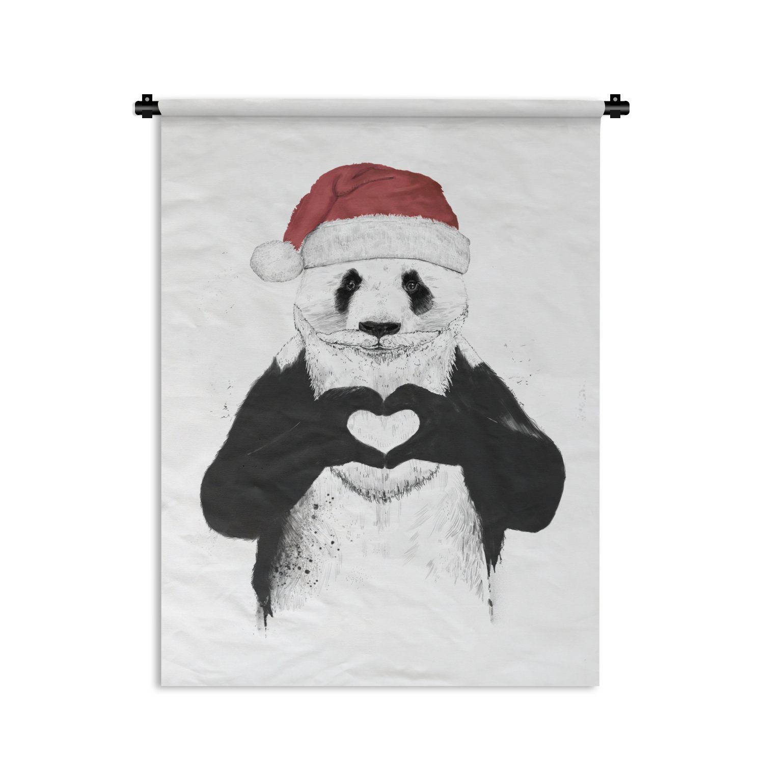 MuchoWow Wanddekoobjekt Panda - Weihnachtsmütze - Herz - Liebe, Deko für an der Wand, Wohnzimmer, Tapisserie, Schlafzimmer