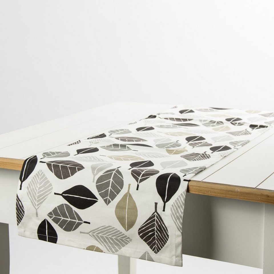 SCHÖNER LEBEN. Tischläufer Schöner Leben Tischläufer Blätter weiß grau  khaki 40x160cm, handmade
