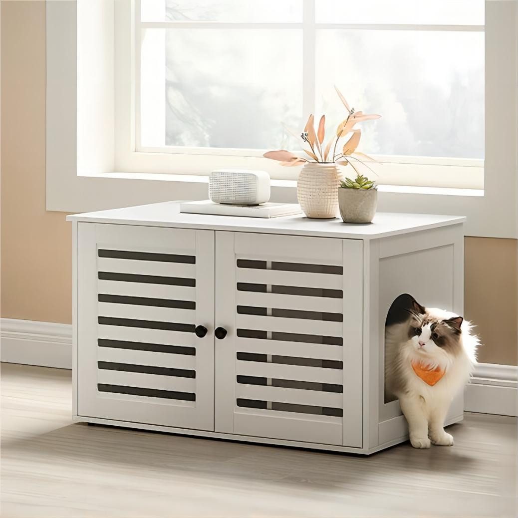 FEANDREA Katzentoilette Katzenklo-Schrank, 2 Lamellentüren, 80 x 53 x 50 cm, Katzenhaus mit herausnehmbarer Trennwand von FEANDREA