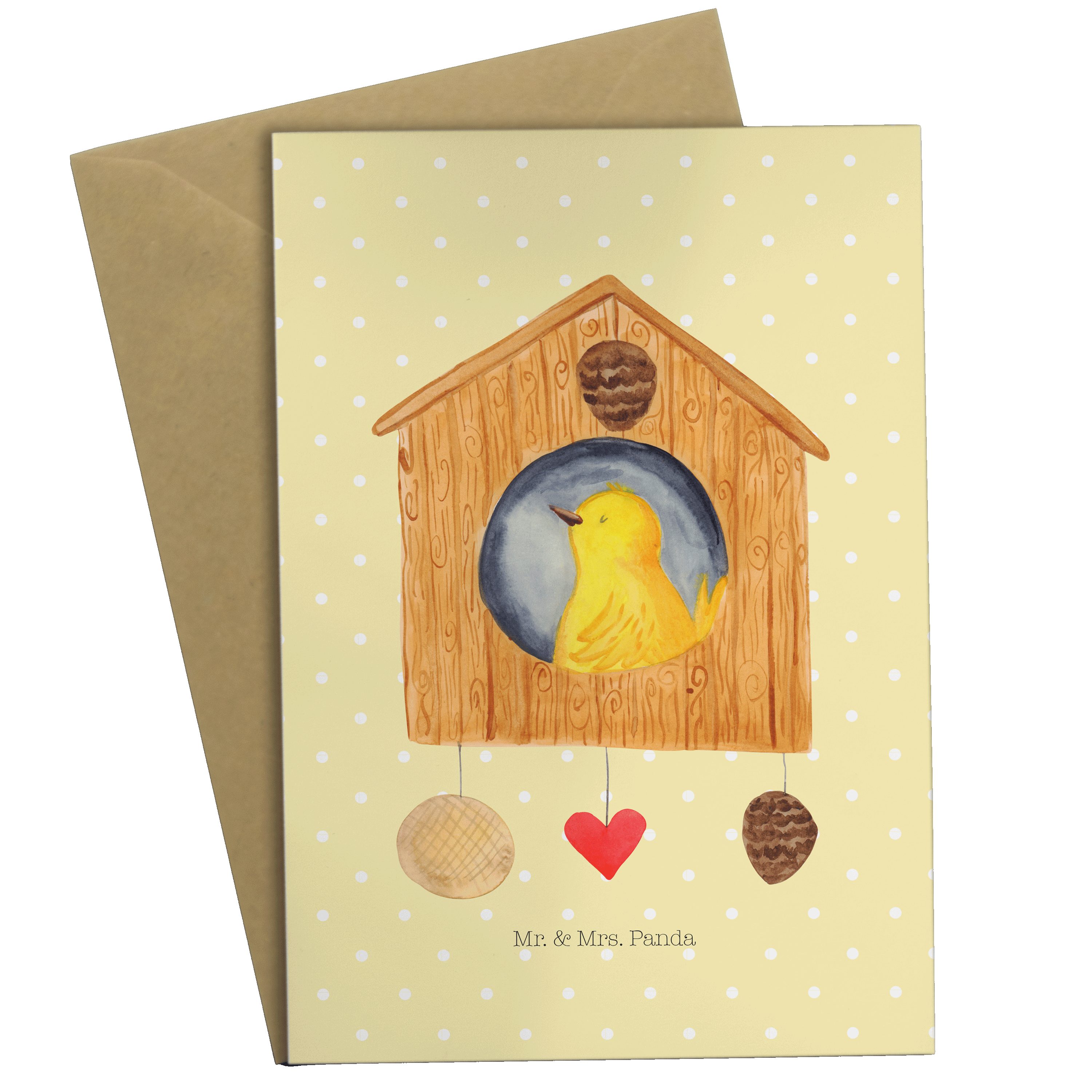 Mr. & Mrs. Panda Grußkarte Vogelhaus - Gelb Pastell - Geschenk, Einladungskarte, Tiermotive, Geb
