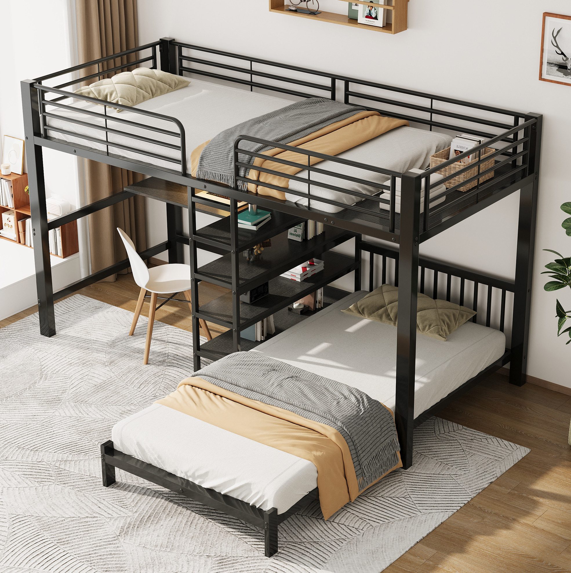 REDOM Hochbett Schwarz Metall 90 x 200 cm – Zwei Schlafplätze Bettgestell (Packung, 1-St., Eisenrahmen Konstruktion, Schreibtisch, USB & Type-C Steckdose) 3 Regale, Kopfteil-Ablage, Stauraum, ohne Matratze