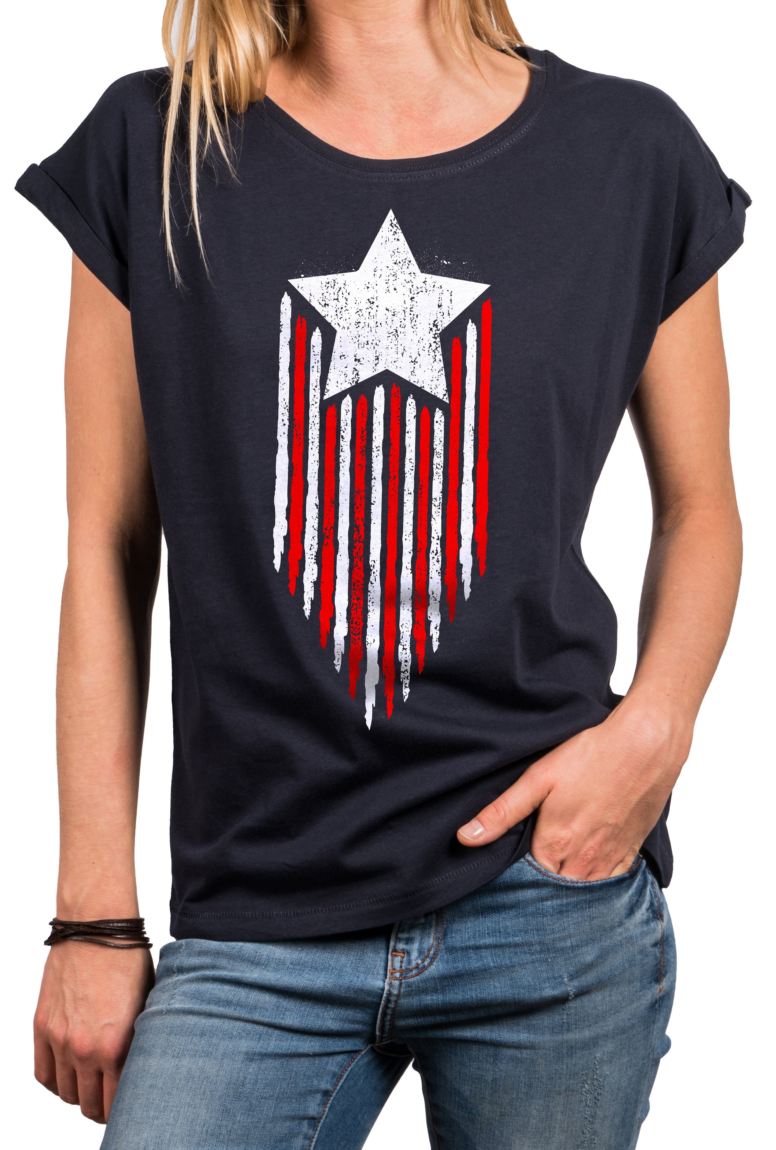 MAKAYA Print-Shirt Vintage Amerika Fahne amerikanische Flagge Damen Top Kurzarmshirt, große Größen Blau