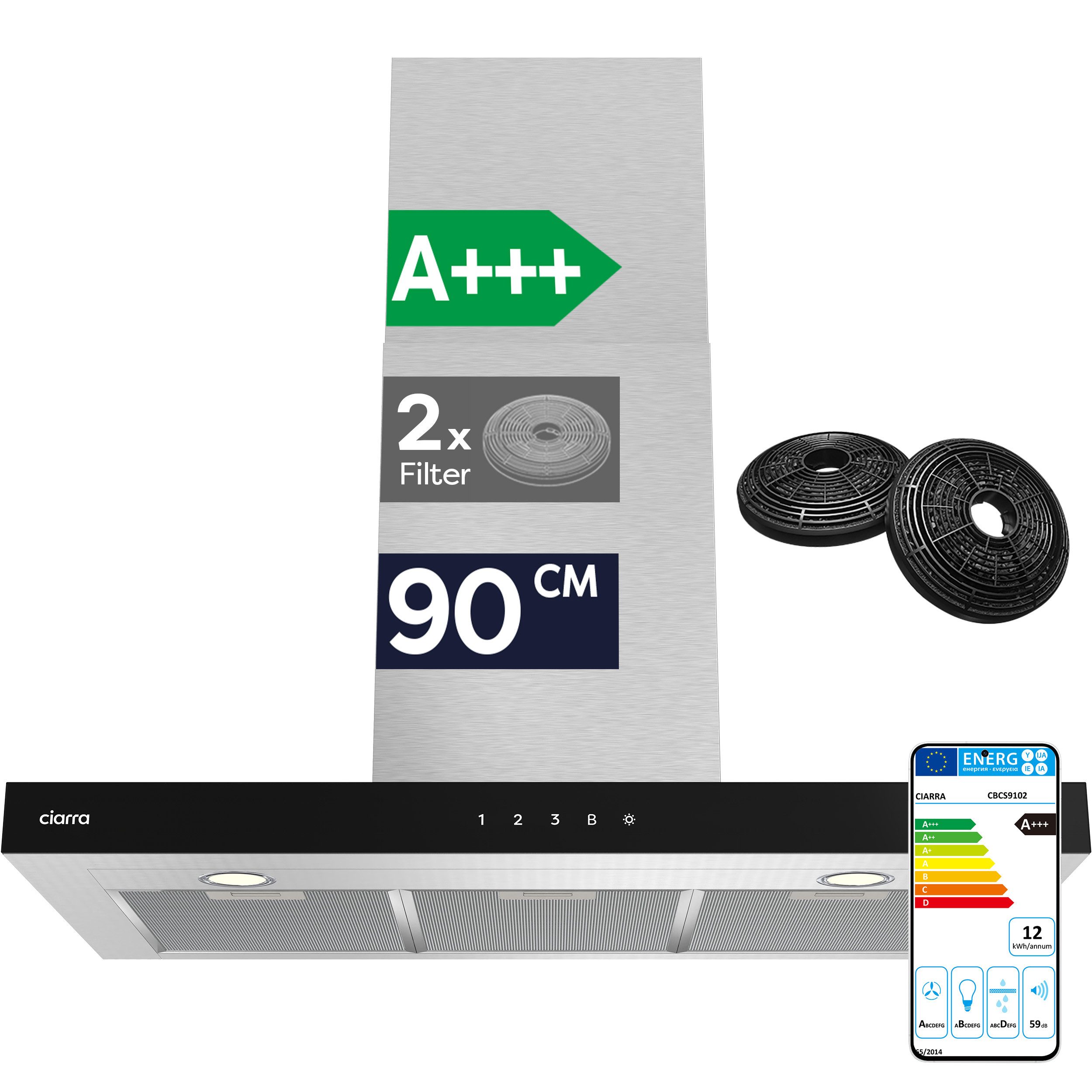 CIARRA Wandhaube 90 cm Dunstabzugshaube A+++ 650 m³/h Umluft & Abluft 4 Stufen CBCS9102 90 cm Dunstabzugshaube A+++ 650 m³/h Umluft & Abluft 4 Stufen CBCS9102, Kaminhaube leise WIFI-APP Touch Control Inkl. BOOST aus Edelstahl LED