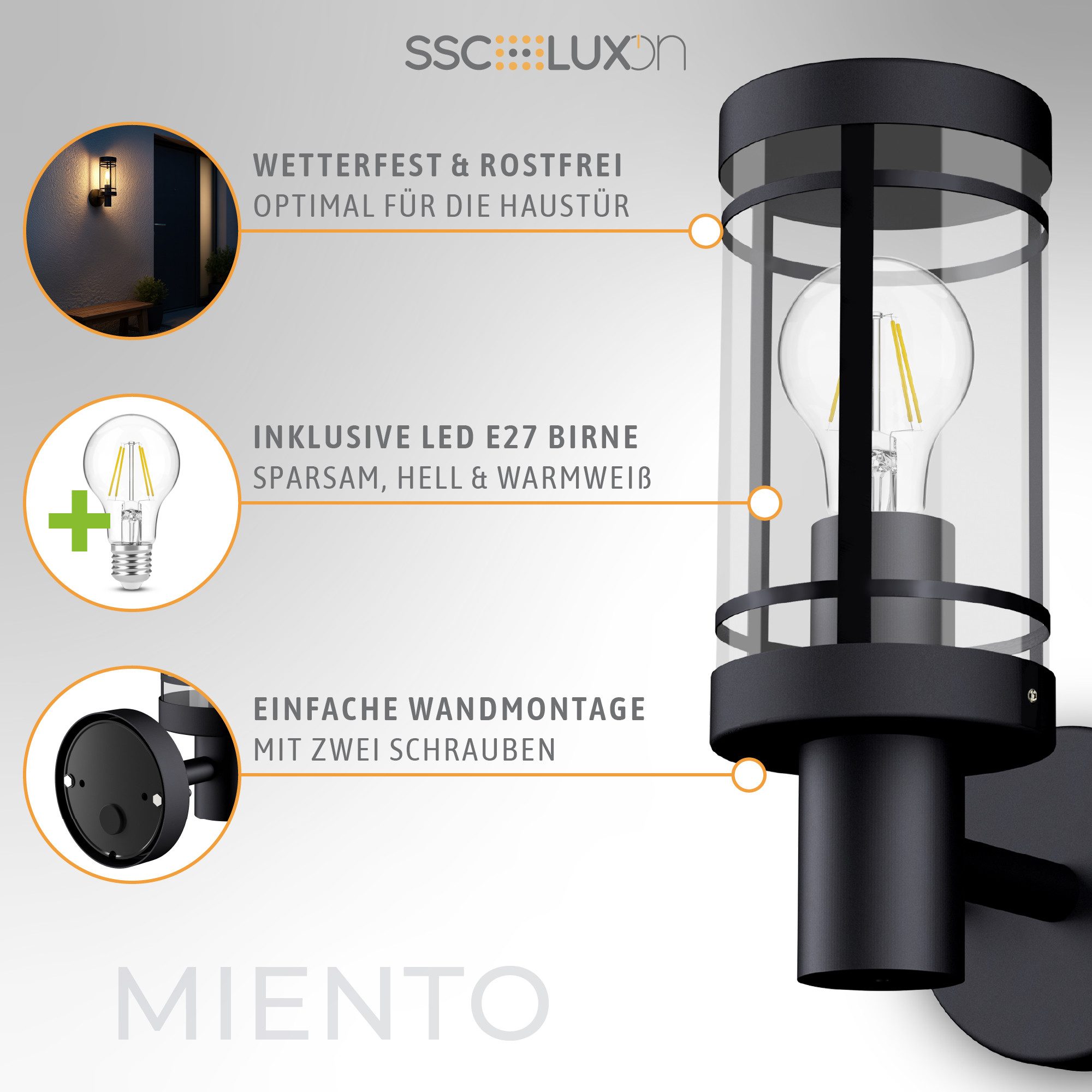 SSC-LUXon LED Außen-Wandleuchte MIENTO Wandleuchte Aussen IP44 mit LED E27 Birne warmweiß 4W Laterne, Warmweiß