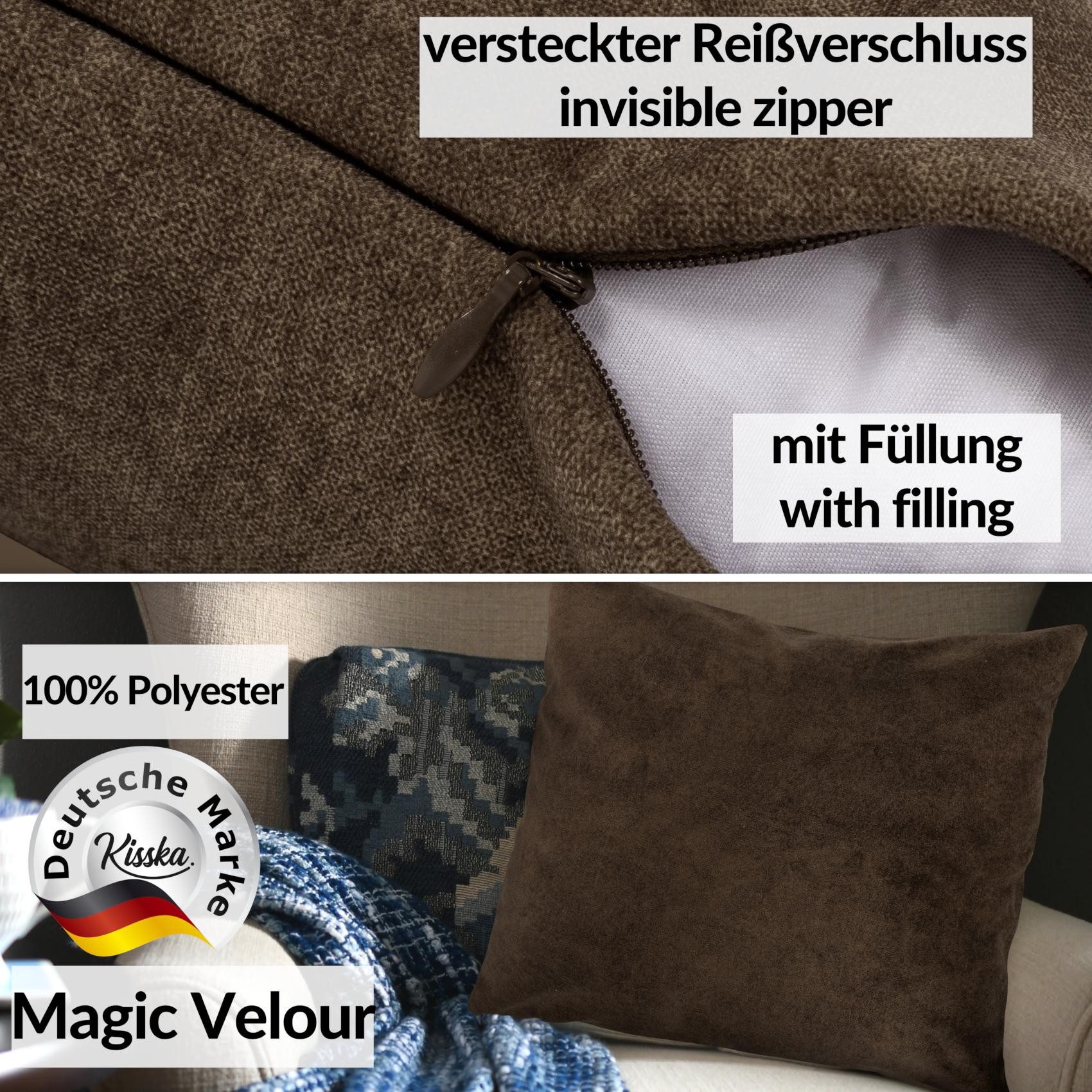 Kisska Dekokissen Kissenhülle MAGIC atmungsaktiv Velour Zierkissen Ambiente Dekorieren, Kissenüberzug mit Füllung Meliert-Optik 40x40cm Einfarbig Dunkelbraun