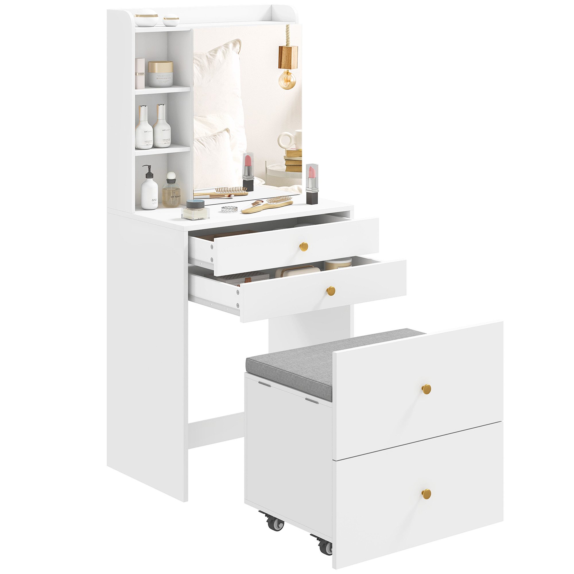 HOMCOM Schminktisch Frisiertisch mit Schrank, Schubladen (Set, 1-St., Schminktisch-Set), Hocker mit Stauraum und Rollen, kompakt, viel Stauraum