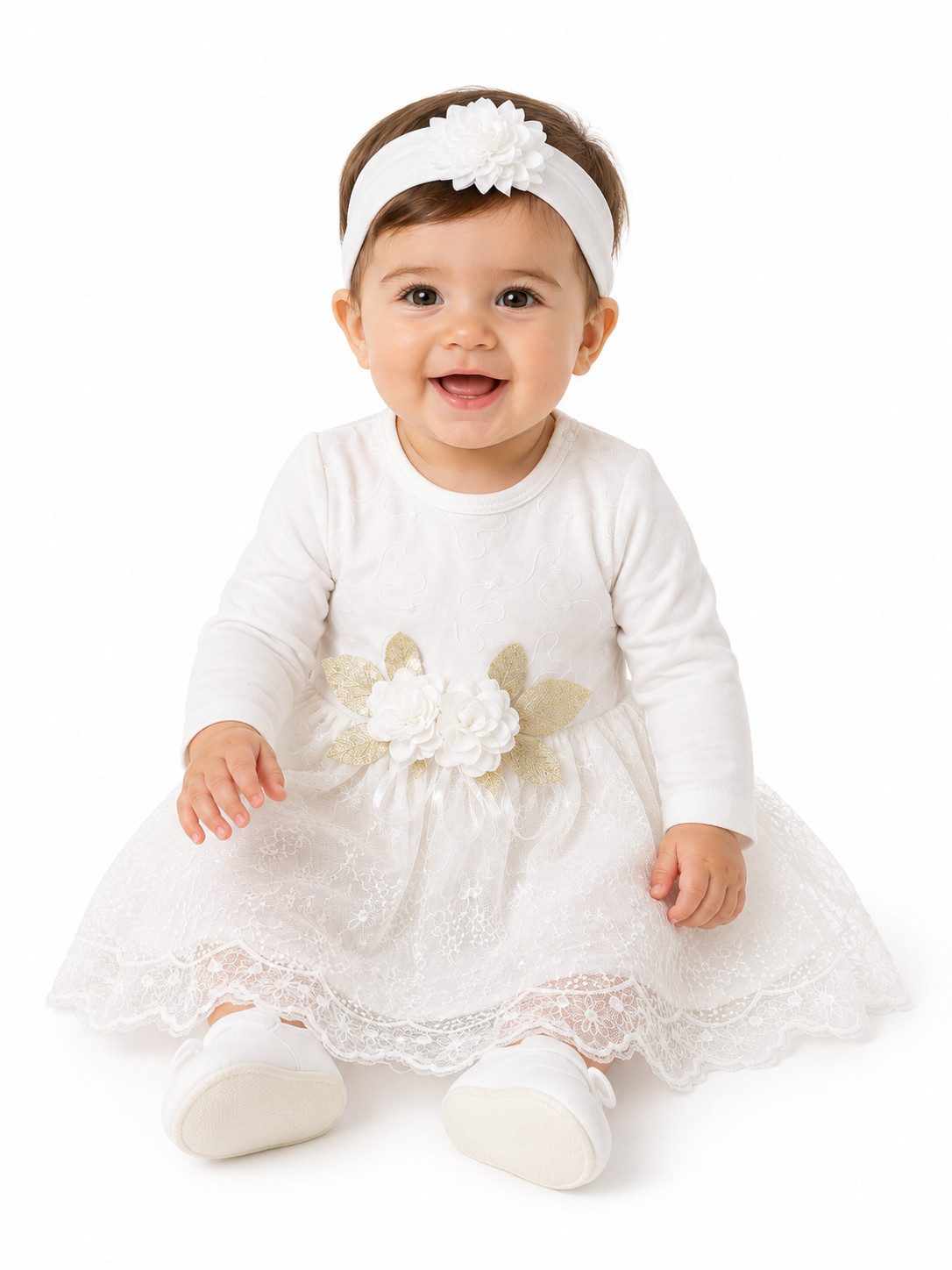 Lorey Medtec Taufkleid Festliches Baby Mädchen Kleid mit Stirnband, 100 % Baumwolle, Weiß (Kleid + Stirnband) Spitze, Tüll