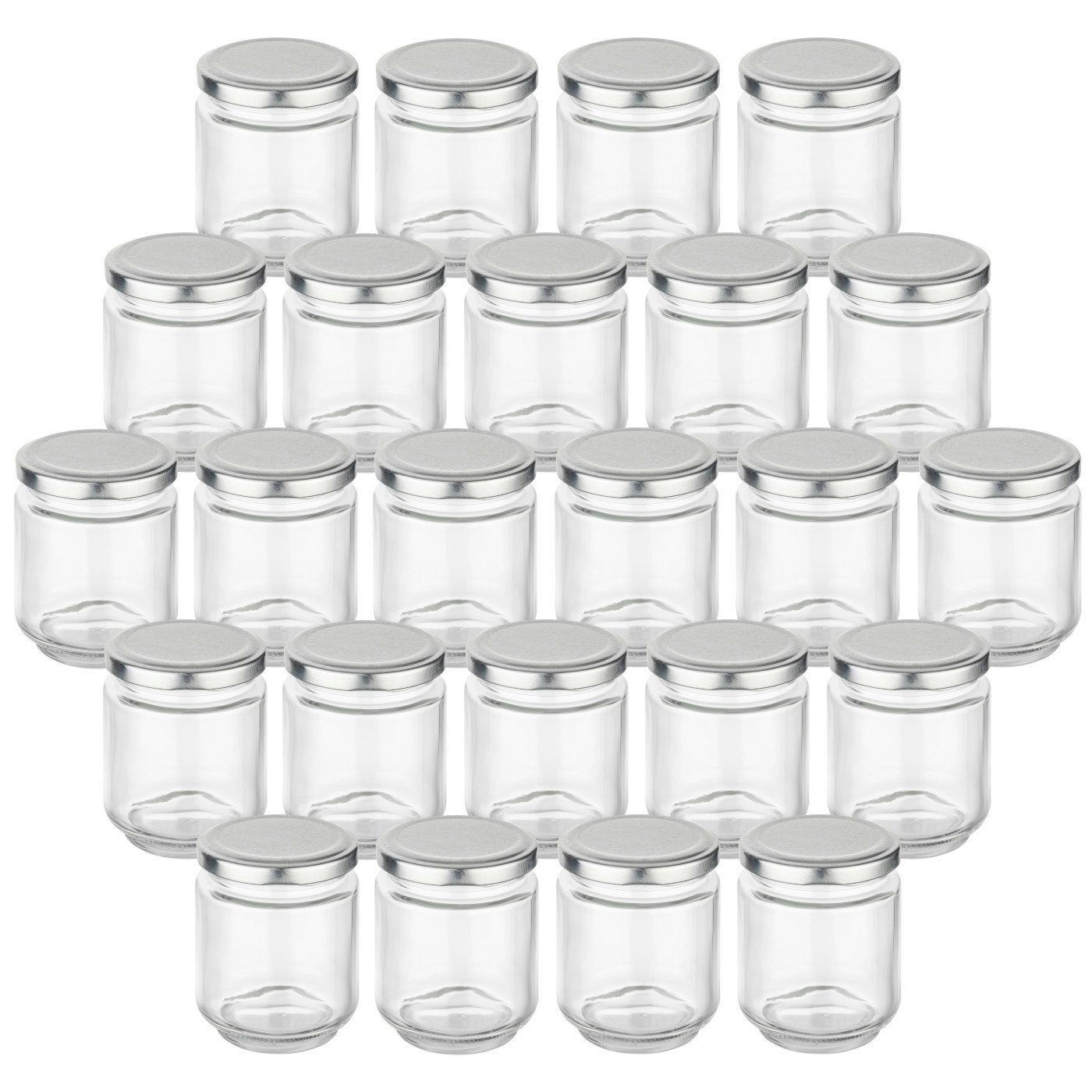gouveo Einmachglas Einmachgläser rund mit Schraubdeckel - Gläser mit Schraubverschluss, (24er Set, silberfarben, 190 ml), Mit Twist-Off-Deckel, mehrweg