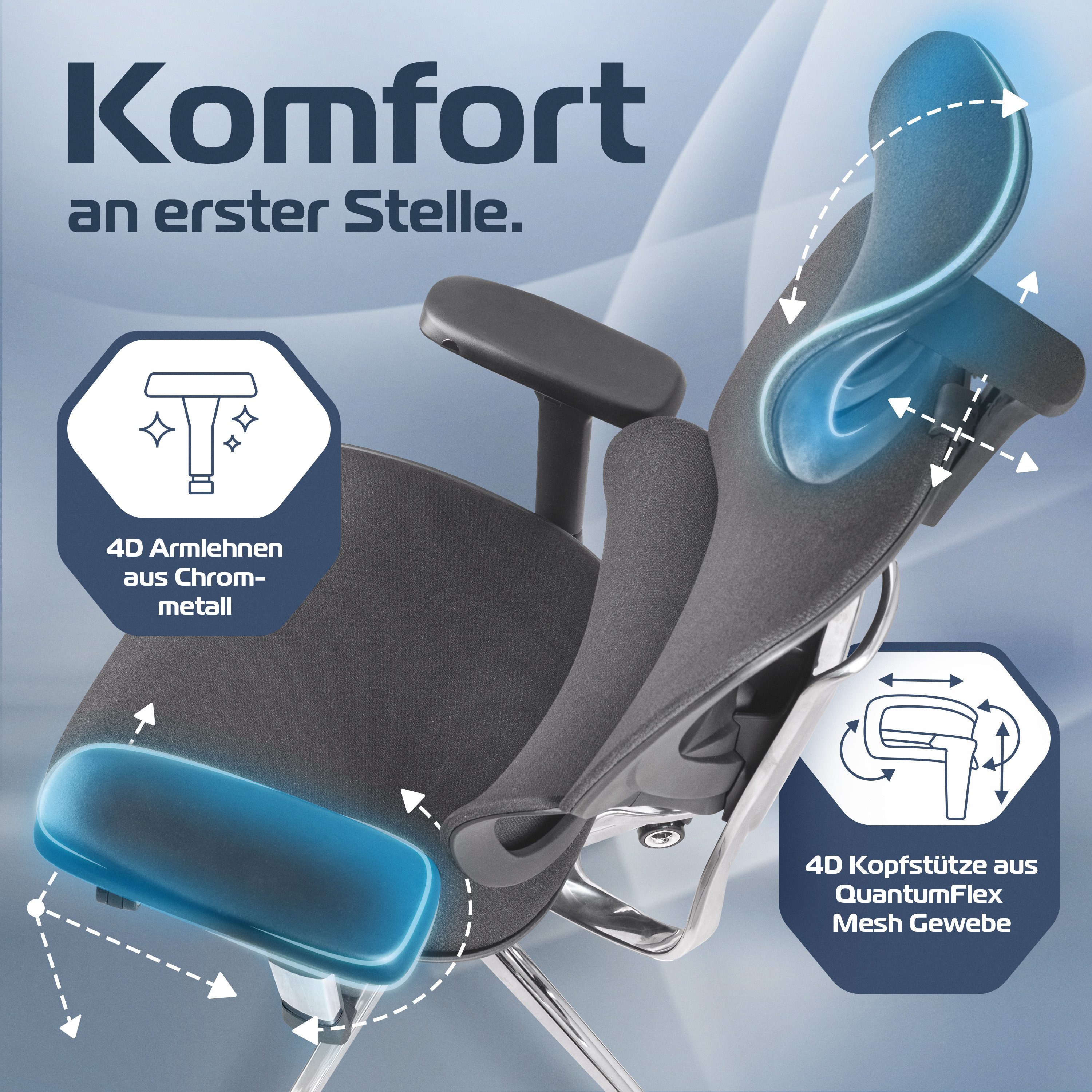 CLOUVOU Bürostuhl Ergonomisch, Schreibtischstuhl bis 150 kg - Testsieger (MasterSeat - Chefsessel für Arbeitszimmer, 4D Gaming Armlehnen), Blade Wheels, Homeoffice, Gaming Stuhl, Drehstuhl