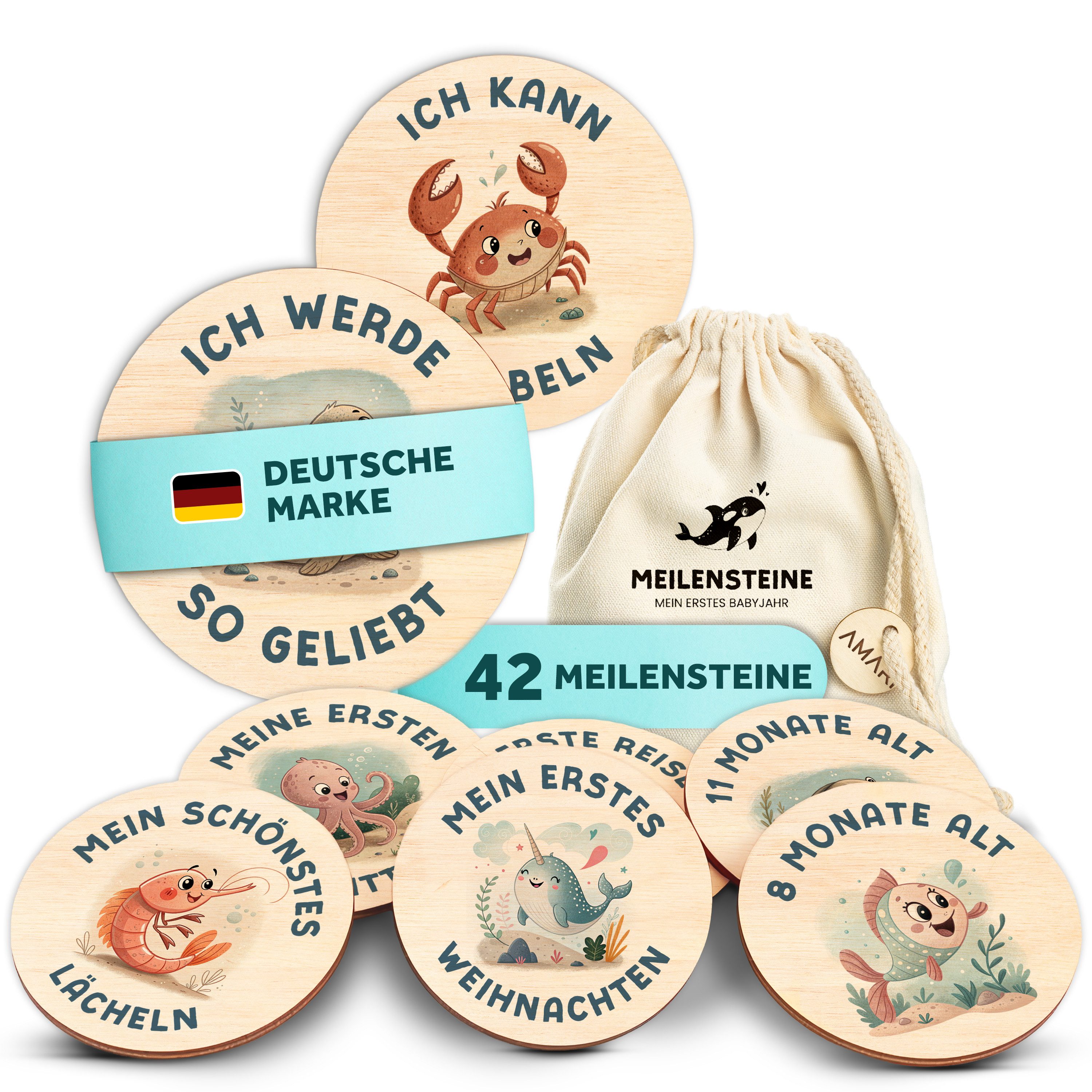 Amari Geburtskarte 42 Meilensteinkarten Unterwasserwelt Baby aus Holz inkl. Aufbewahrung, Geschenkidee Babyparty