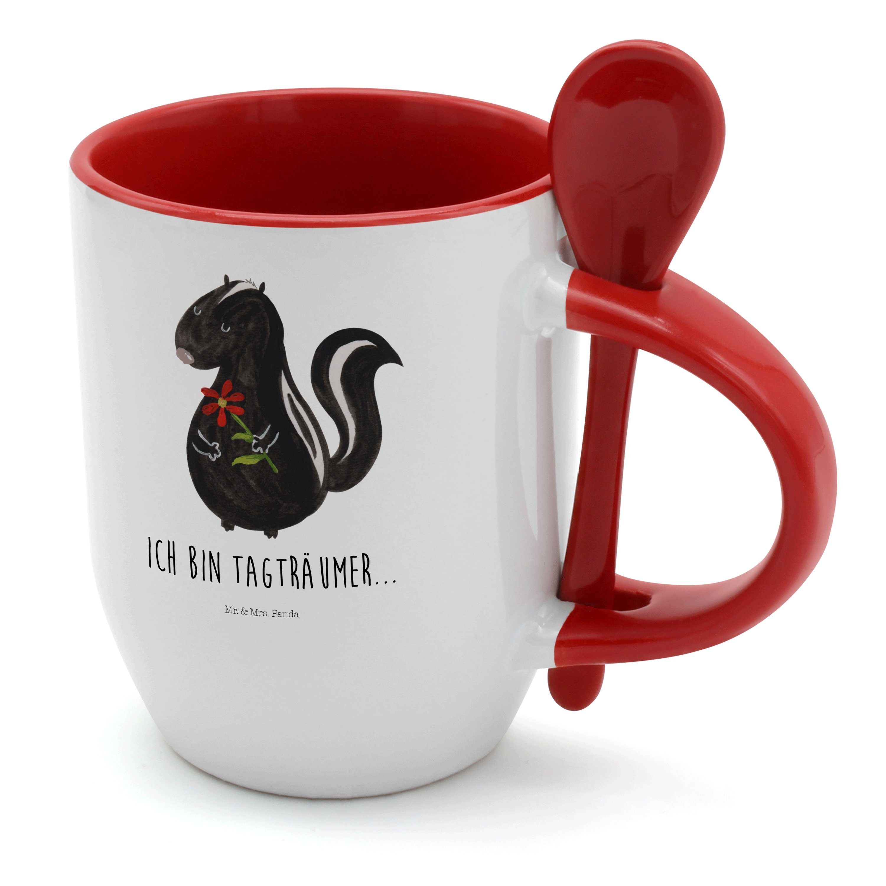 Mr. & Mrs. Panda Tasse Stinktier Blume - Weiß - Geschenk, Skunk, Kaffeetasse, Tasse mit Löff, Keramik