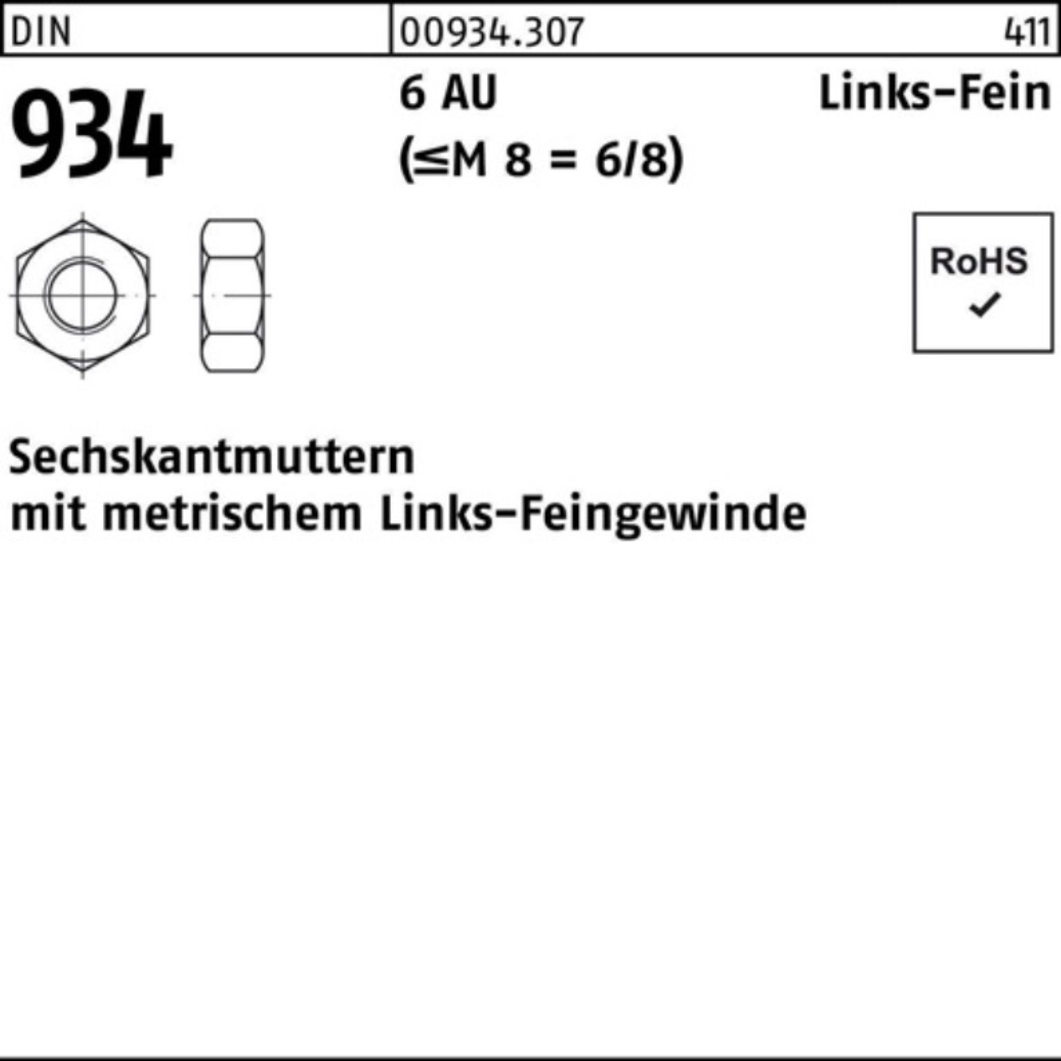 Sechskantmutter 934 1 DIN -LH Automatenstahl 2 100er 6 Reyher links M30x Muttern Pack
