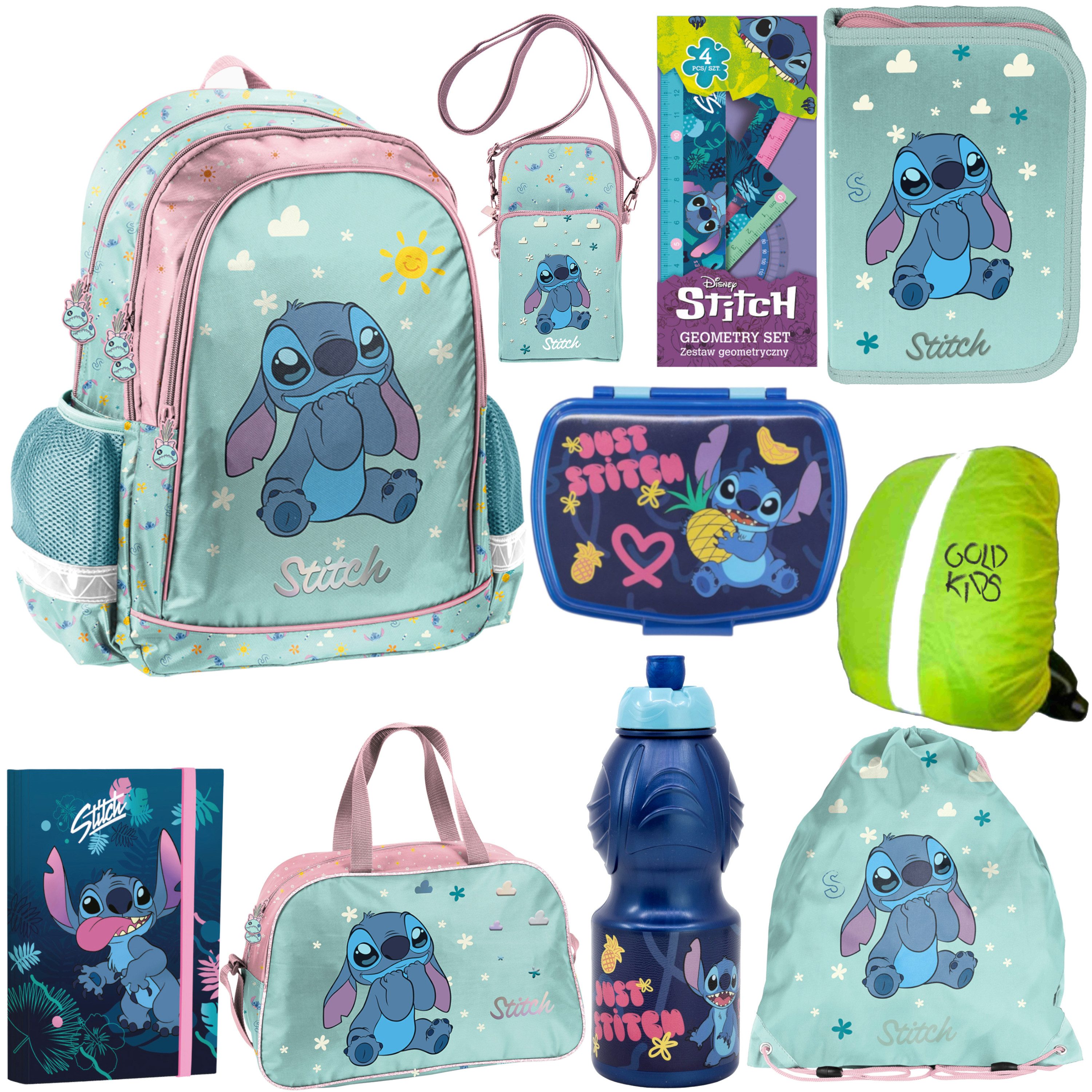 GOLDKIDS Federmäppchen für Jungen und Mädchen, 10er-Set -, (Schul-Rucksack für Kinder mit Federmäppchen, 1-tlg., - Schuhbeutel Brotdose und Trinkflasche), - Stitch Motiv - 1-3 Klasse