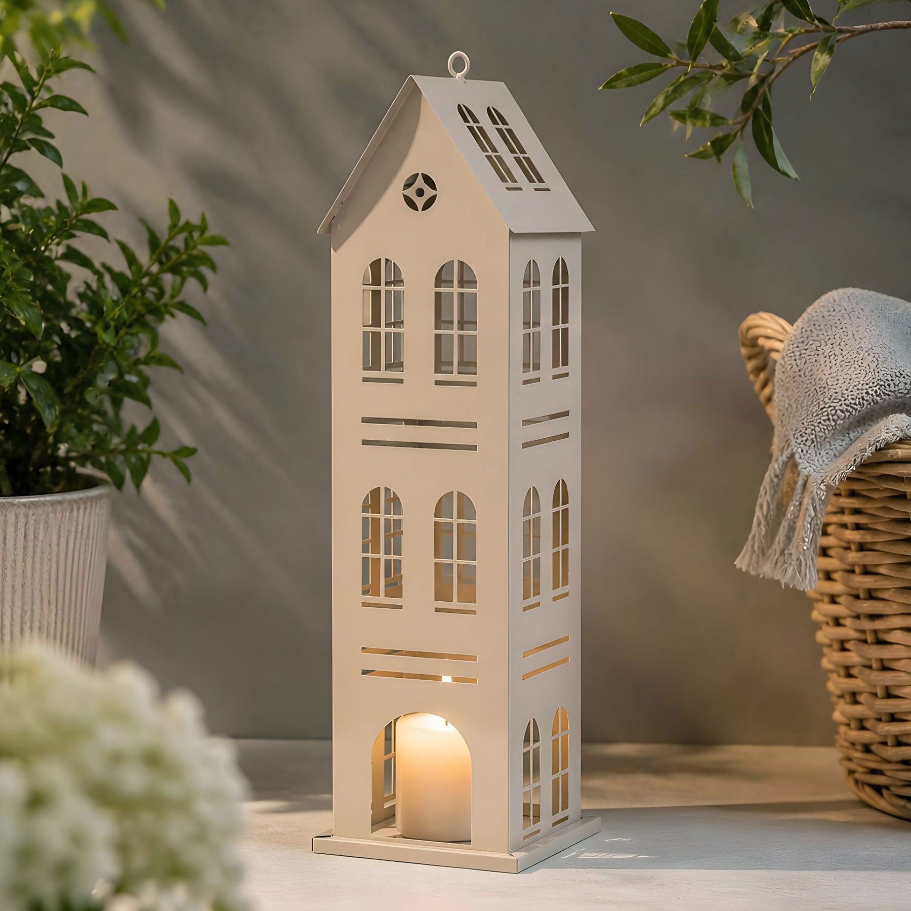 Levandeo® Kerzenlaterne Metall Laterne Haus Grau H49cm Dekohaus Windlicht Hausform Kerzenhalte