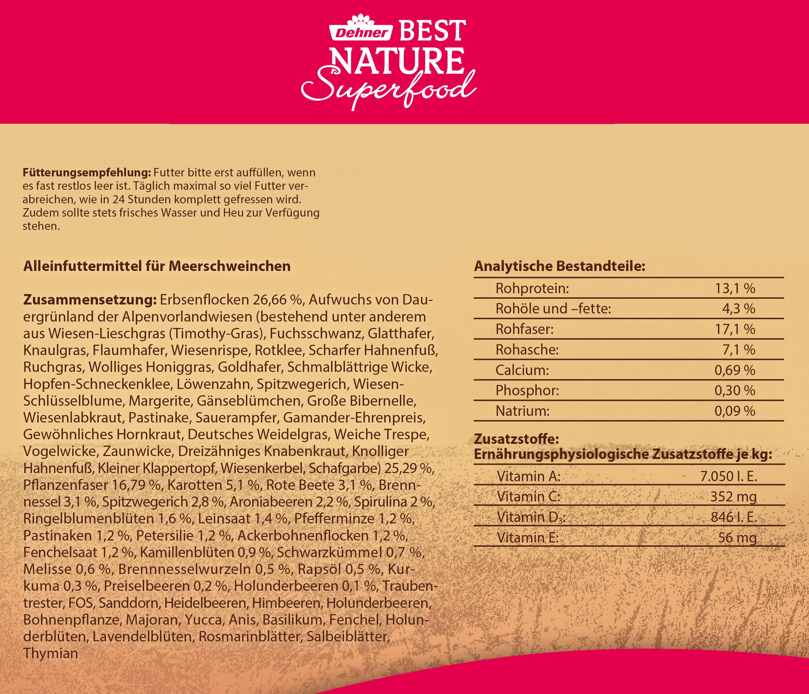 Dehner Best Nature Meerschweinchen Superfood Mix, 1.5 kg, Hauptfutter für: Meerschweinchen, Futtermischung mit Gräsern, Früchten, Kräutern