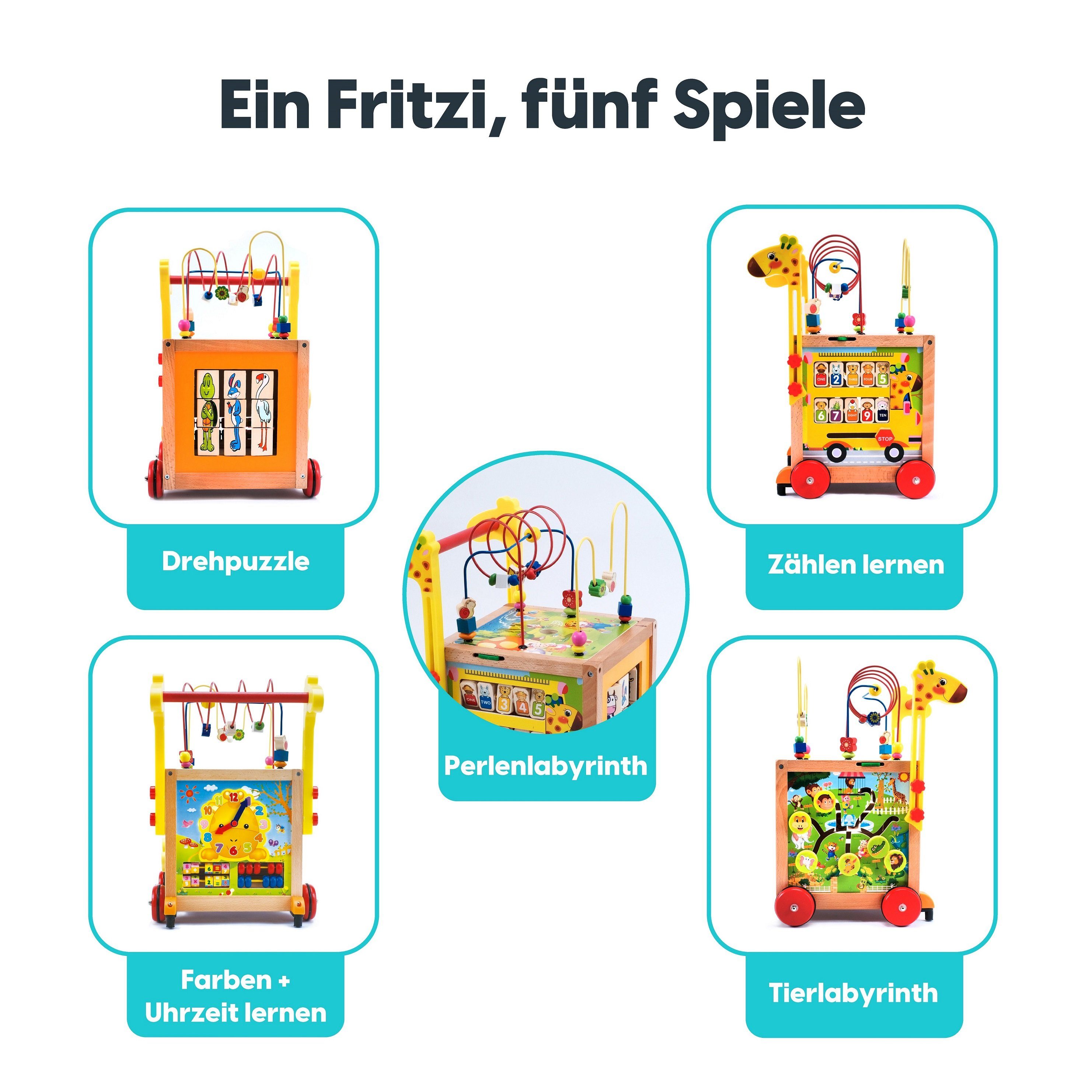 wuuhoo Lauflernwagen Fritzi höhenverstellbar aus Zahlen Holz und Puzzle und Babyspielzeug Lauflernhilfe, Uhr Lernlaufwagen Rädern mit gummierten Kinder mit für I