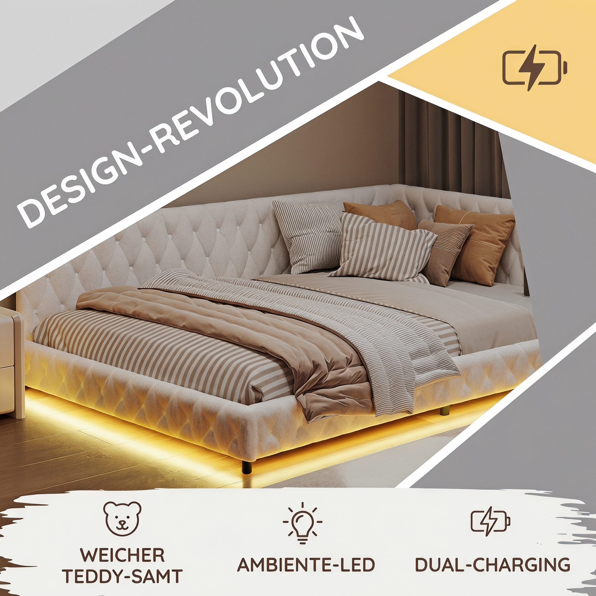 PXloue Polsterbett Daybett Tagesbett, Schlafsofa,Mit LED-Beleuchtung und USB-Ladeanschluss,140x200 cm – Bild 5 von 5