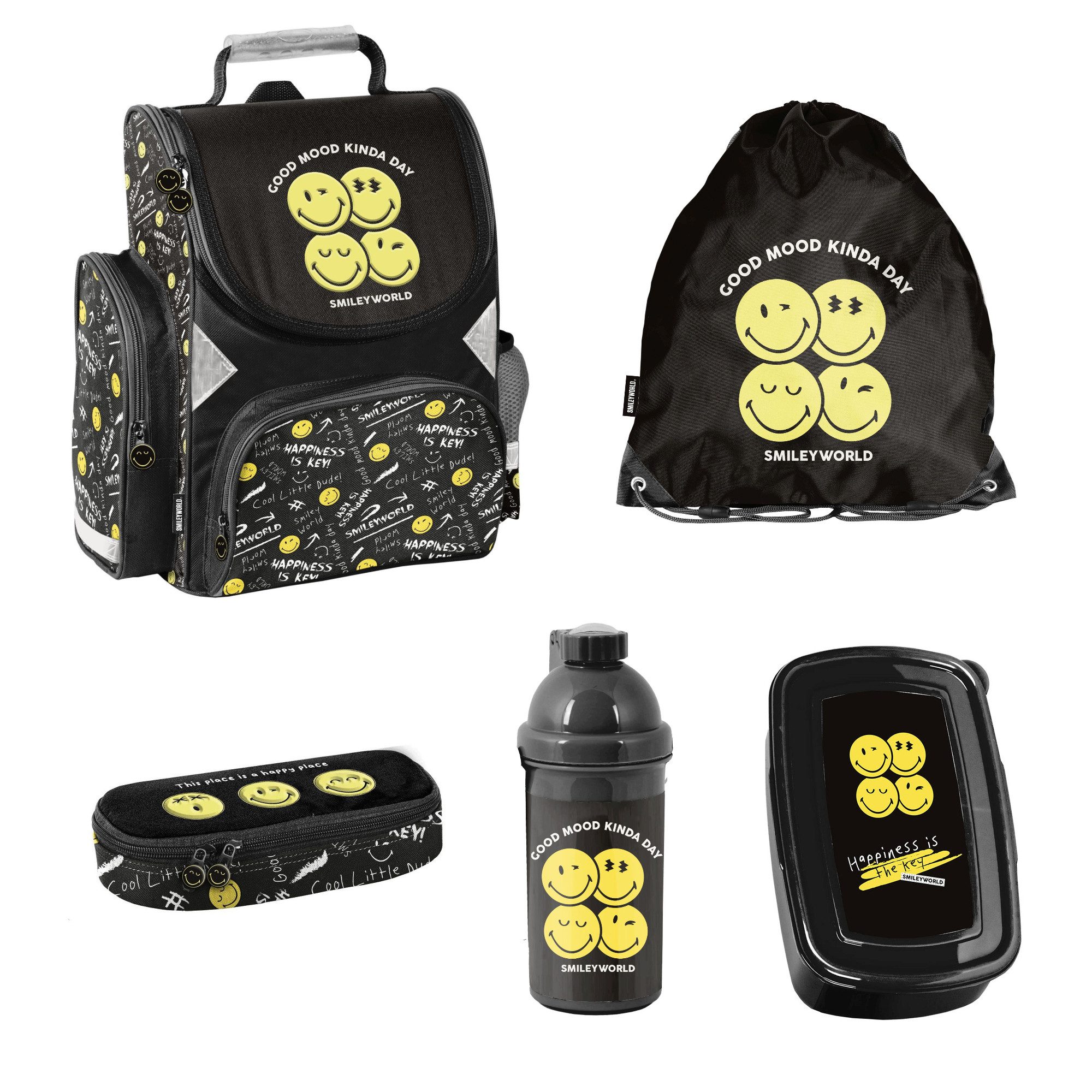 PASO Schulrucksack mit Turnbeutel, Federmappe, Brotdose und Trinkflasche - SMILEY (5-teiliges Schulset, schwarz/gelb)