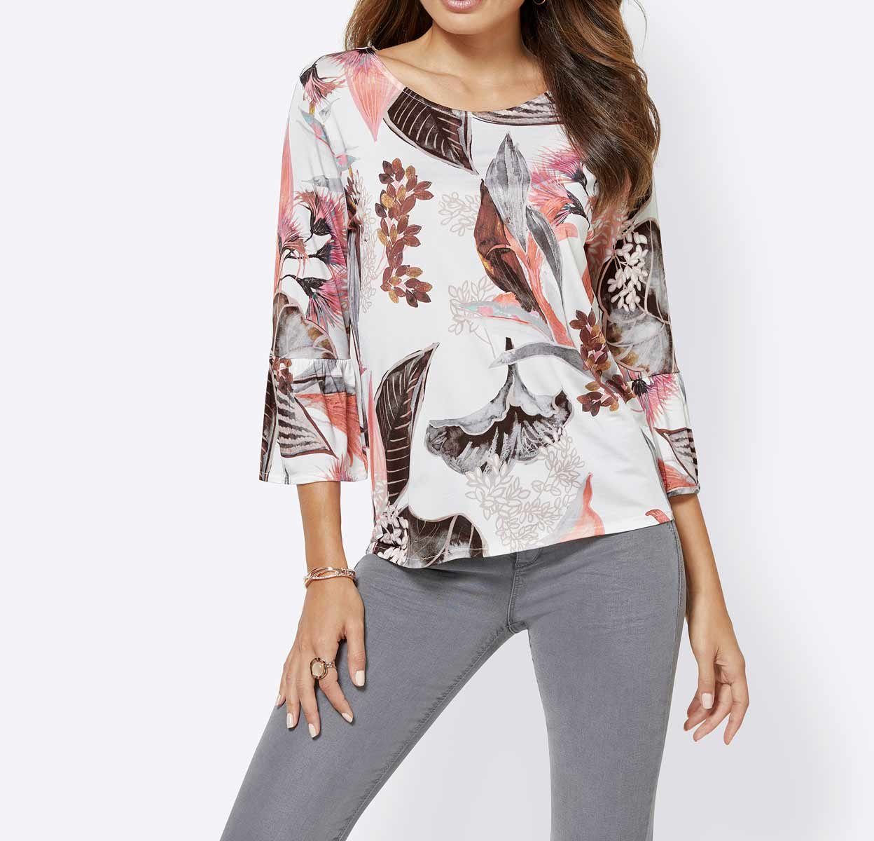 L Damen weiß-melone-bedruckt Print-Shirt L CRéATION creation Druckshirt,