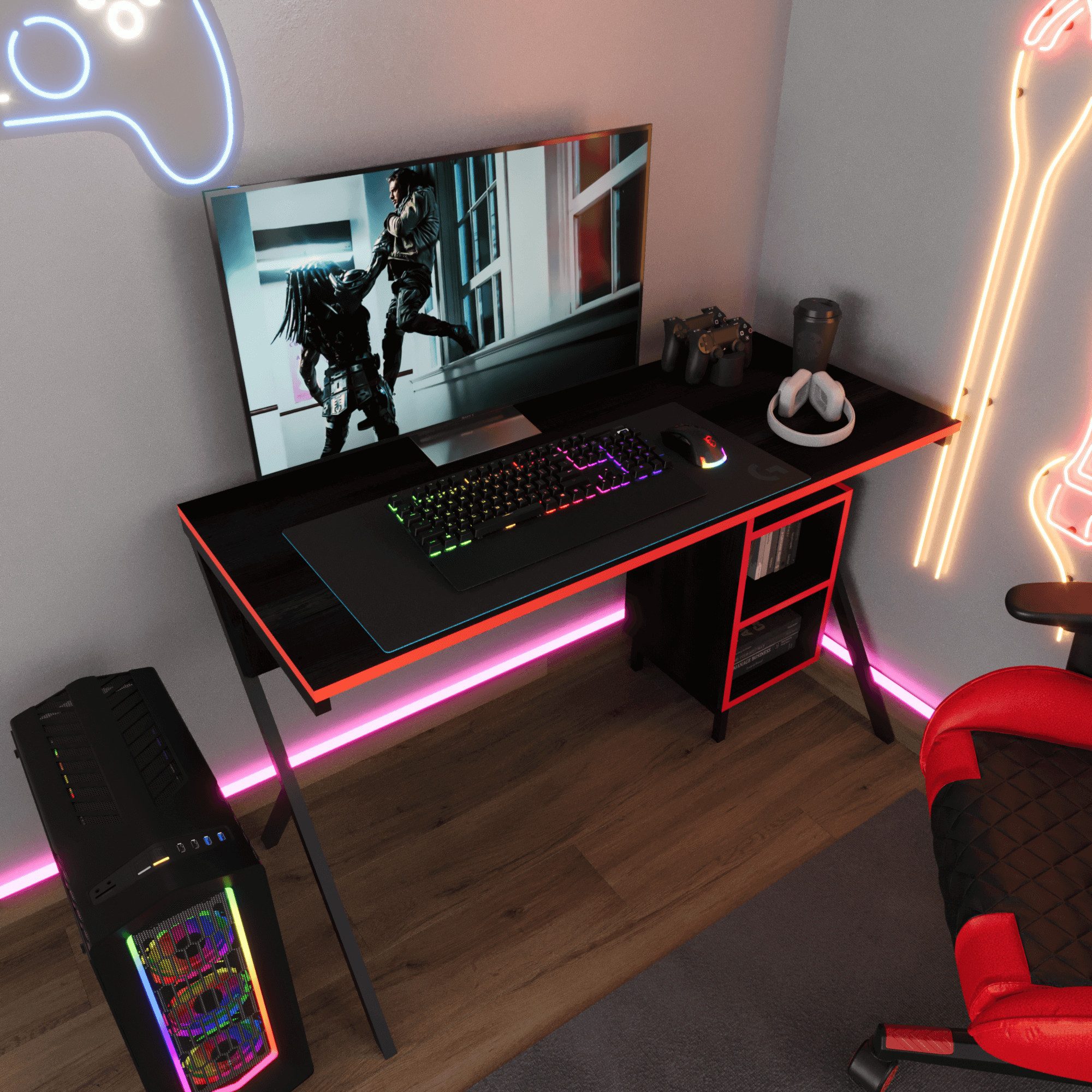 BDR Smart Home Art Schreibtisch Meruda Schreibtisch mit Metallfüßen Schwarz, Rot Stabil & Modern
