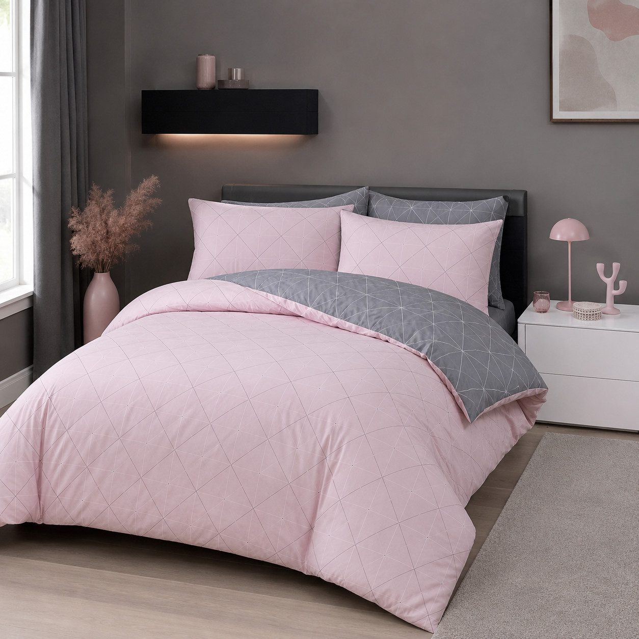 soma Bettwäsche Biber Garnitur 155x220 cm Rosa Grau inkl. Kissen 80x80 cm Wende-Design, Biber, 2 teilig, 100 % Baumwolle, Reißverschluss, geometrisches Muster,  – Bild 2 von 5