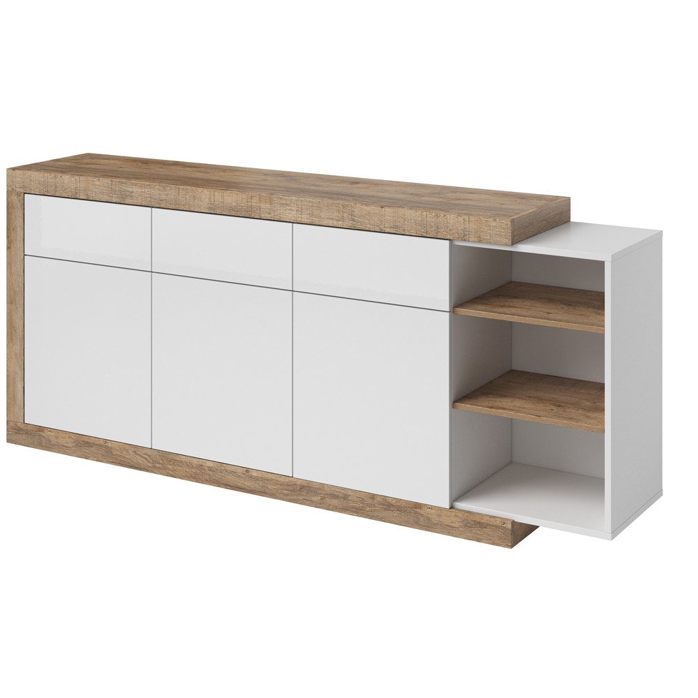 Lomadox Sideboard SYLT-83, Samdal Eiche Nb., mit Absetzungen in weiß Hochglanz, : 200/86/40 cm