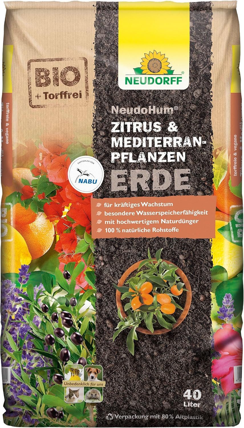 Neudorff Blumenerde Neudorff NeudoHum Zitrus- & MediterranpflanzenErde, mit Organischer Naturdünger, (Einzelartikel, Einzelsack), Torffreie Spezialerde für Mediterranpflanzen und Palmen.
