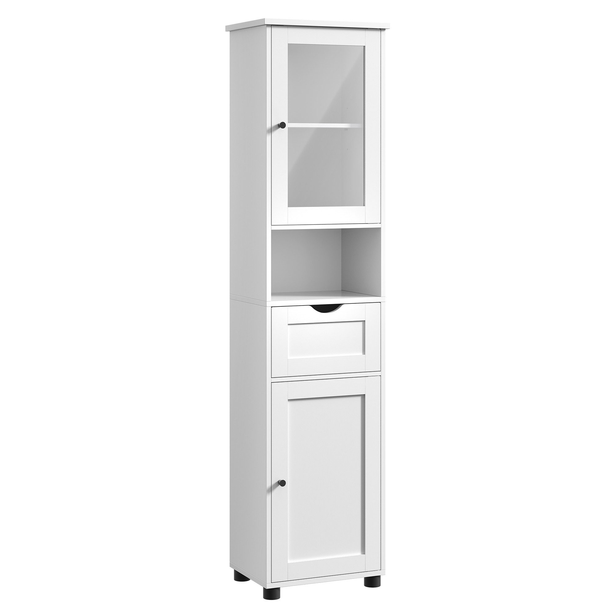 VASAGLE Badkommode Badezimmerschrank Badschrank höhenverstellbare Ablagen, Glastür, schmal, mit Füßen, platzsparend, Hochschrank, offenes Fach