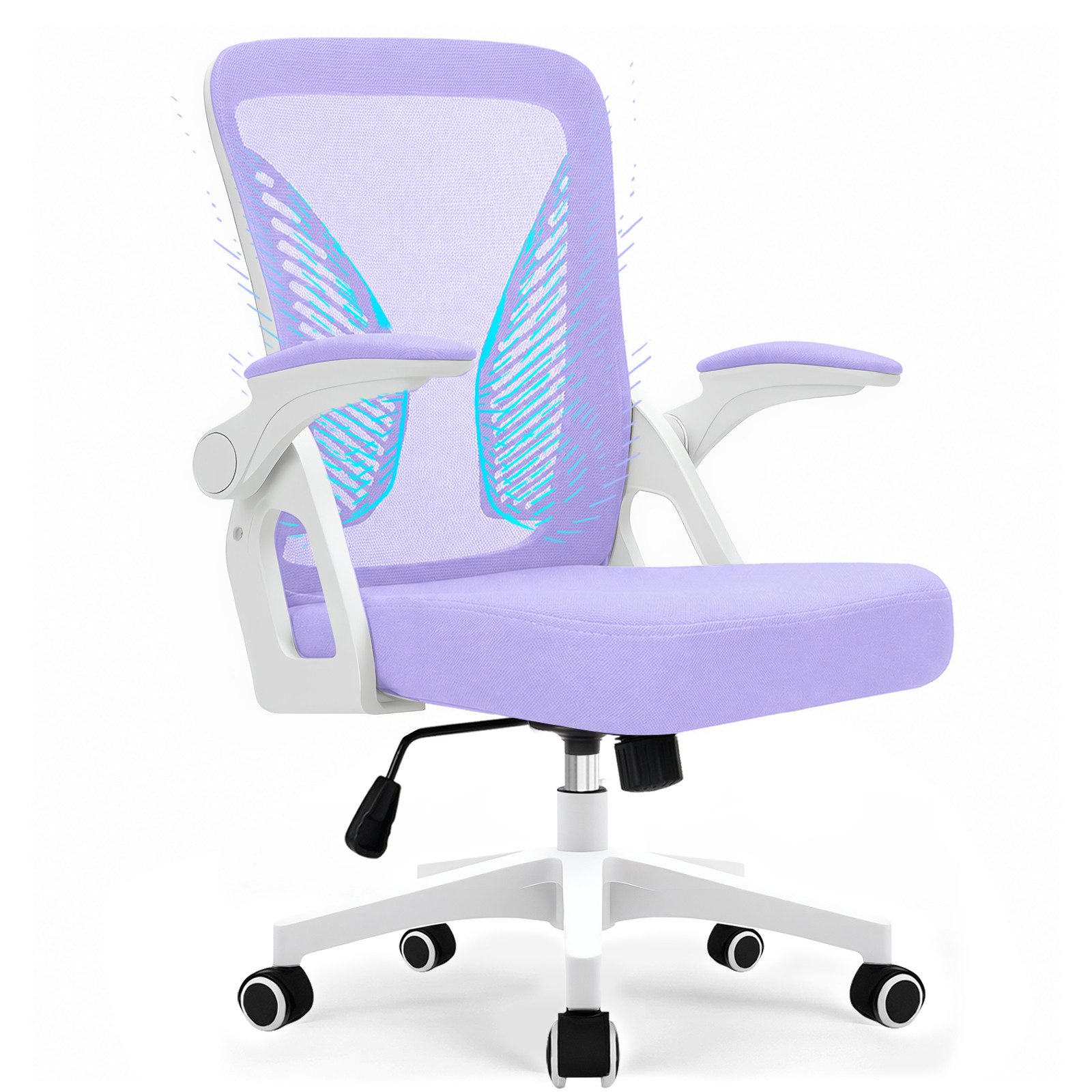 Milacyee Bürostuhl Ergonomischer Bürostuhl mit 90° klappbaren, gepolsterten Armlehnen (Höhenverstellbarer Atmungsaktiv Chefsessel mit geräuscharmen Rollen,Drehstuhl mit dynamische Rückenstütze), Platzsparend, Atmungsaktives Mesh, 150 kg Belastbarkeit