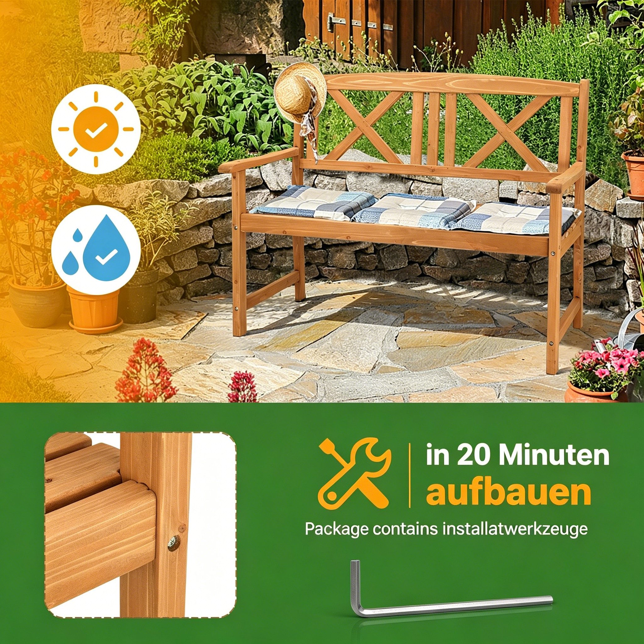 LEADZM Gartenlounge-Bank Gartenbank, Holzbank, Bank mit Rücken- & Armlehnen, Gartenbank
