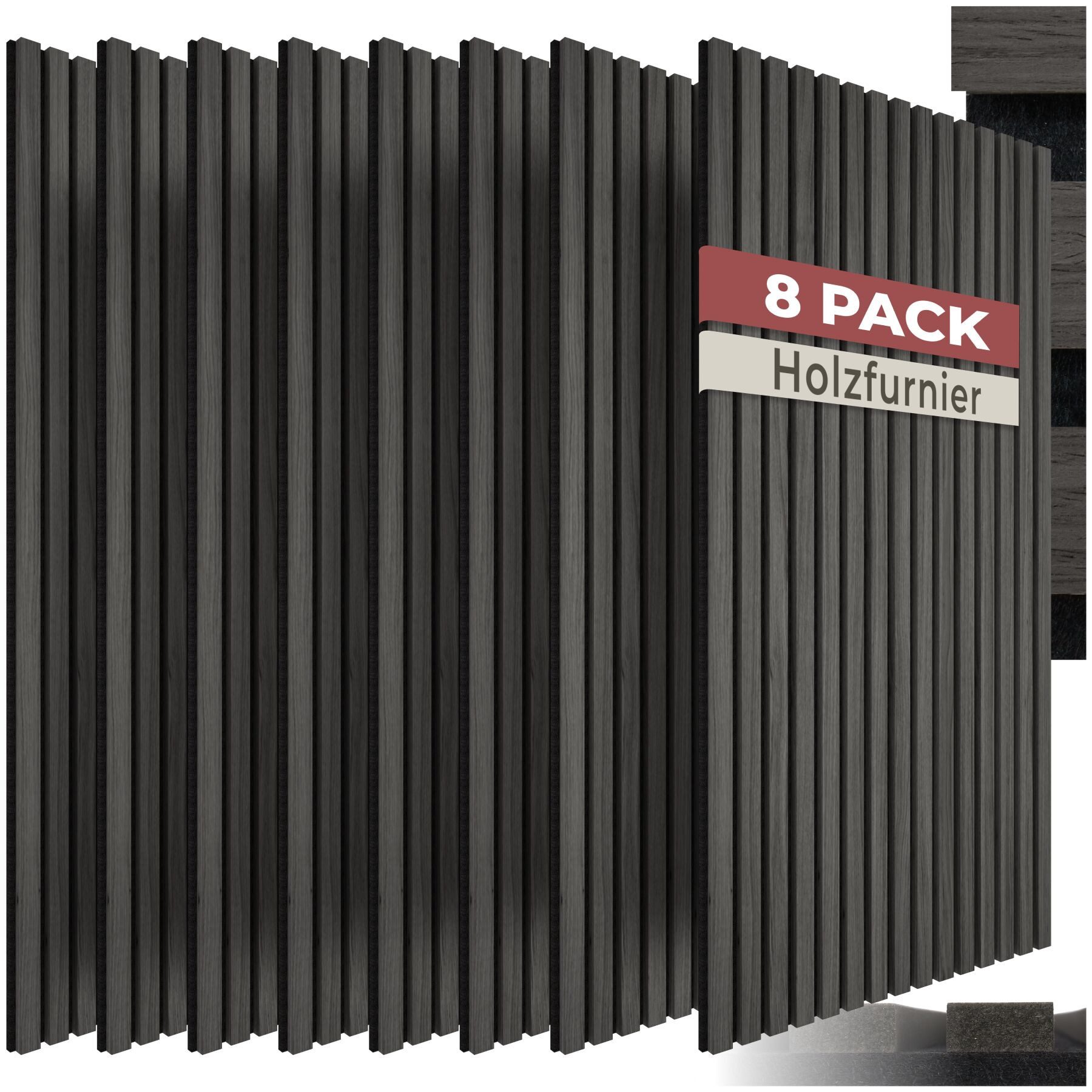 tectake Wandpaneel Akustikpaneele aus MDF und Echtholzfurnier, je 120 x 60 x 1,1 cm, BxL: 60x120 cm, (Holzpaneele Sonic Wall III, 8-tlg., Holzoptik in Eiche schwarz) schallabsorbierender Filz, einfache Montage mit Kleber oder Schrauben