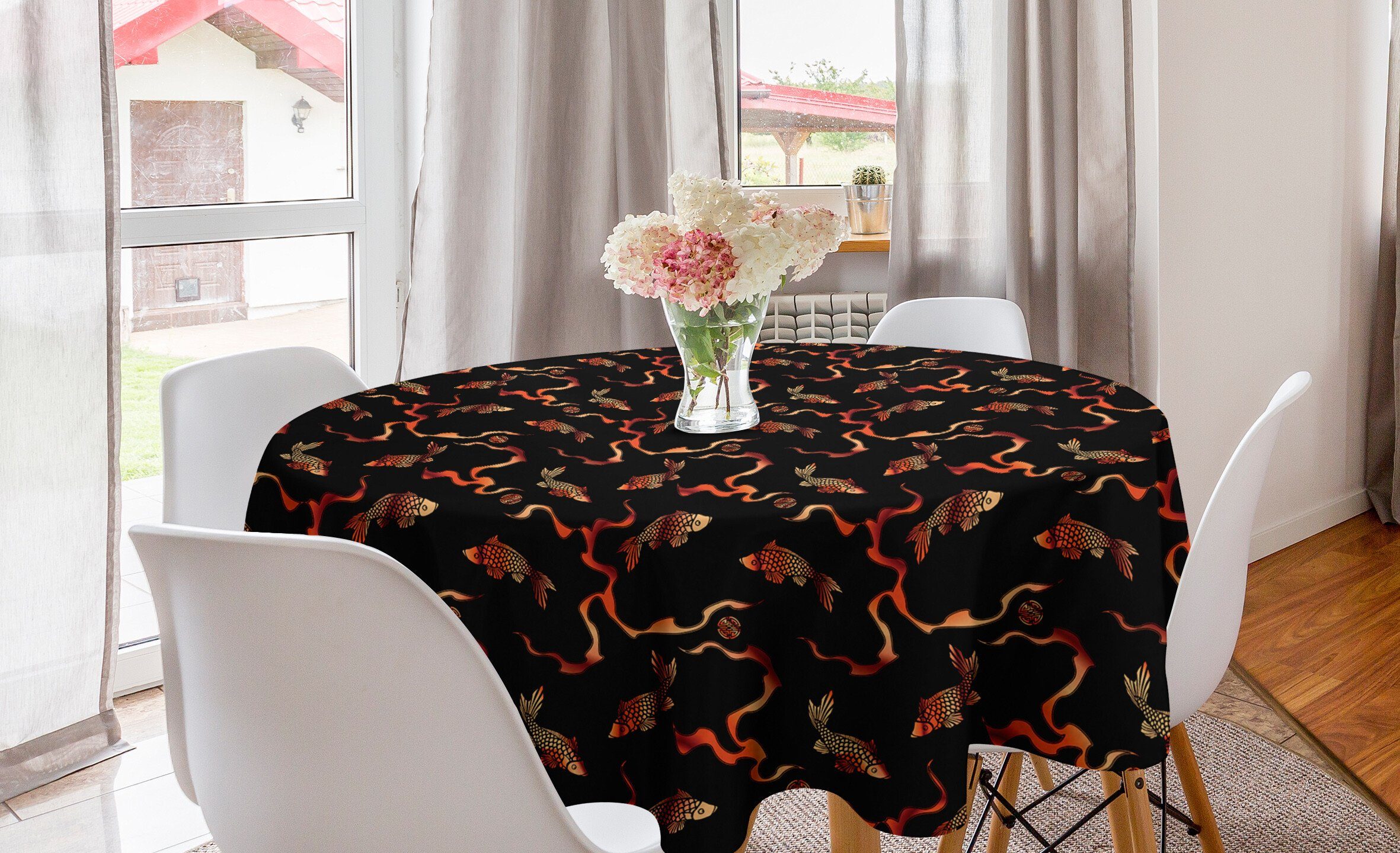 Fisch-Kunst Burnt Tischdecke Abdeckung Dekoration, Tischdecke Orange Esszimmer Küche Ethnischen für Kreis Abakuhaus Asiatischen