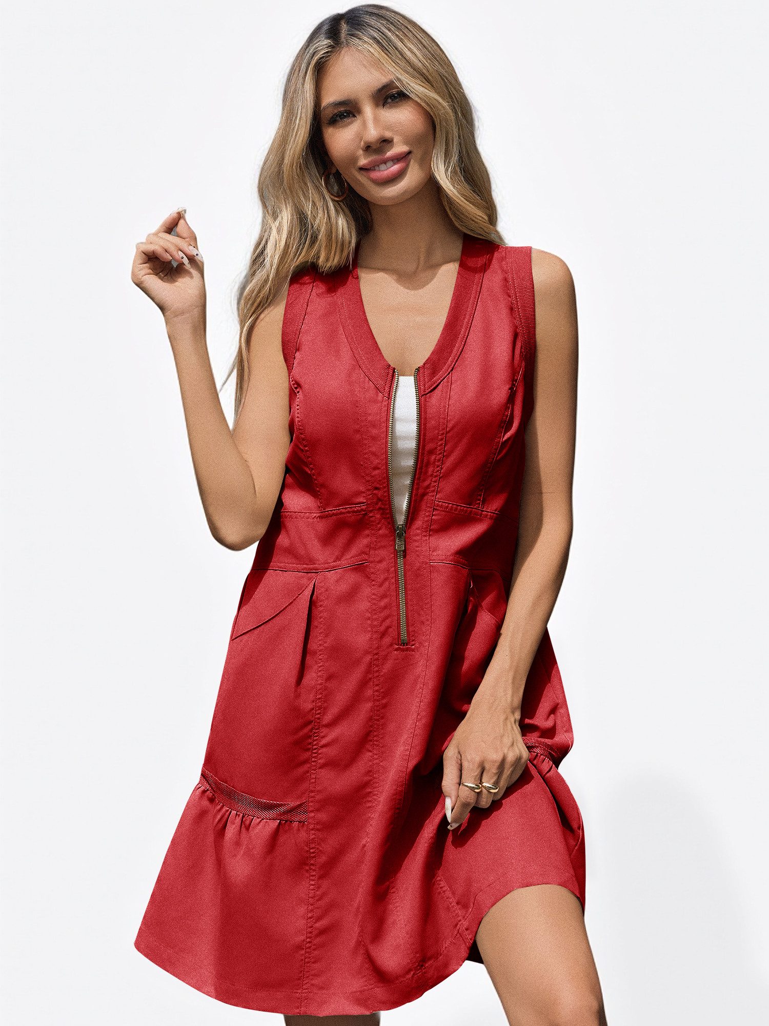 Imily Bela Minikleid Damen ärmellos Tank Casual V-Ausschnit Loose Sommer (Packung, 1-tlg., 1per-Pack) mit Seitentaschen