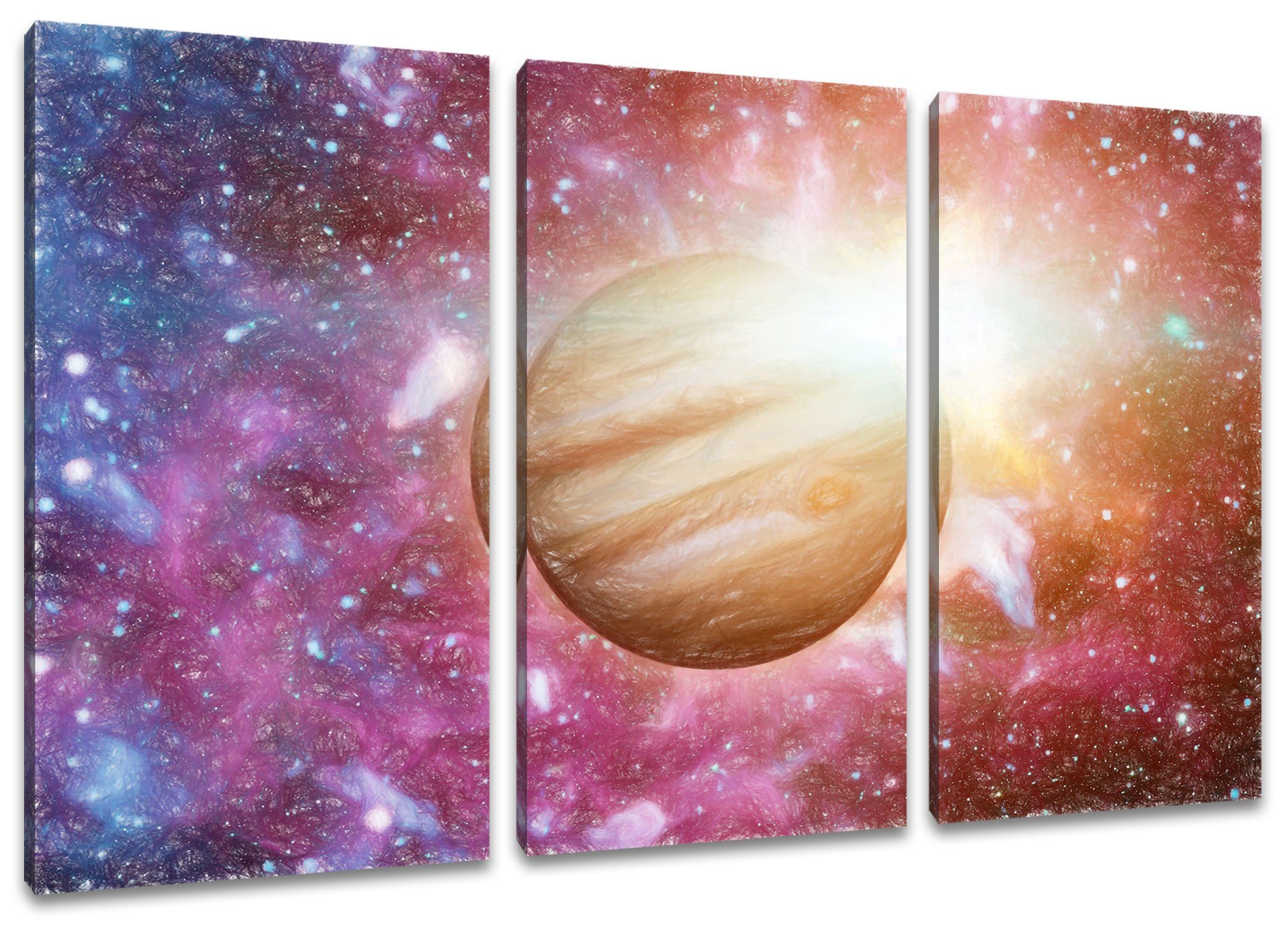 Universum im fertig Jupiter Zackenaufhänger im Jupiter (1 Planet Pixxprint St), inkl. (120x80cm) Leinwandbild Leinwandbild Universum, Planet 3Teiler bespannt,
