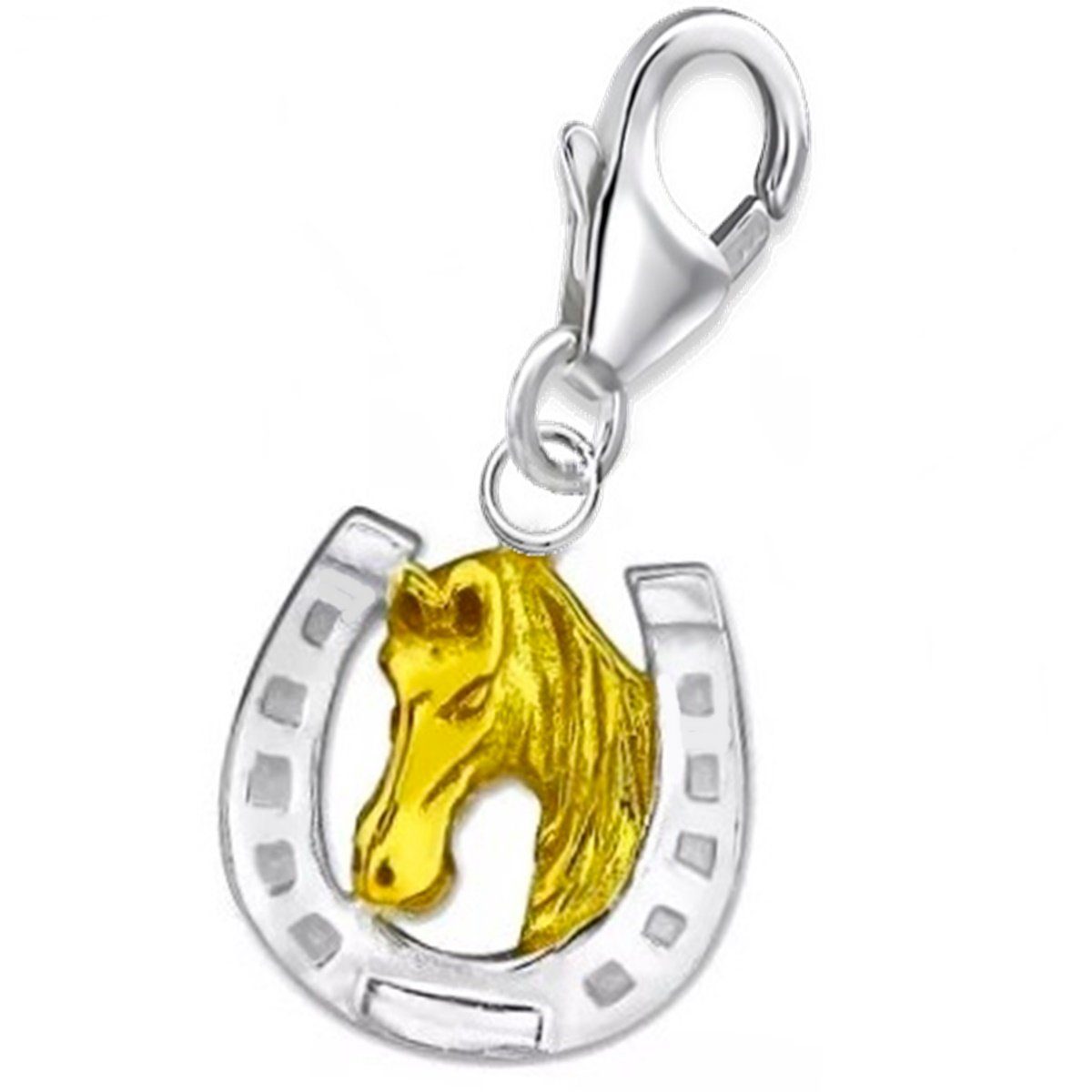 Goldene Hufeisen Charm-Einhänger Bicolor Anhänger Pferd Karabiner Charm 925 Silber teilvergoldet, Hufeisen