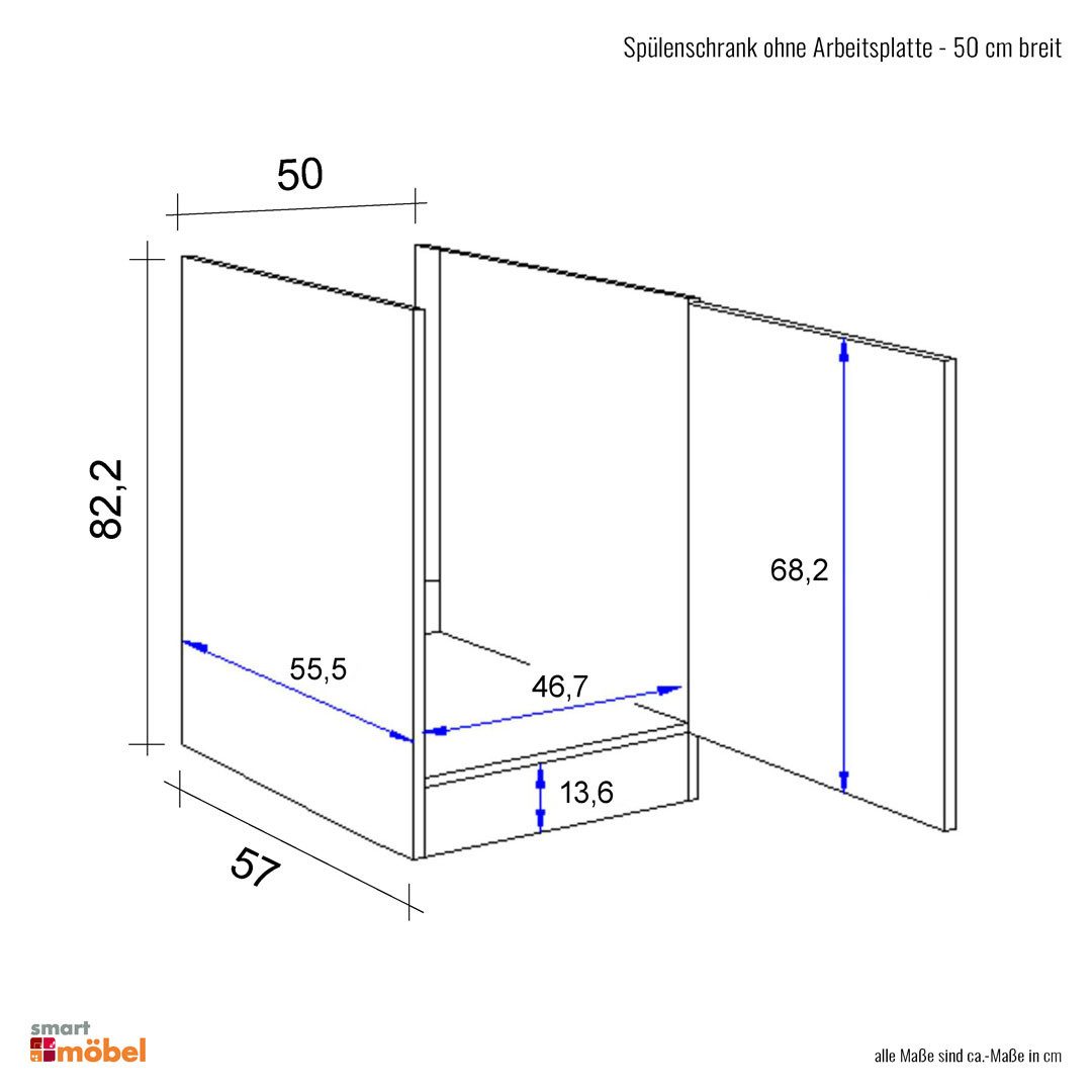 Flex-Well Spülenunterschrank Spülenunterschrank ohne Arbeitsplatte - 50 cm breit - Basaltgrau Matt – Bild 4 von 5
