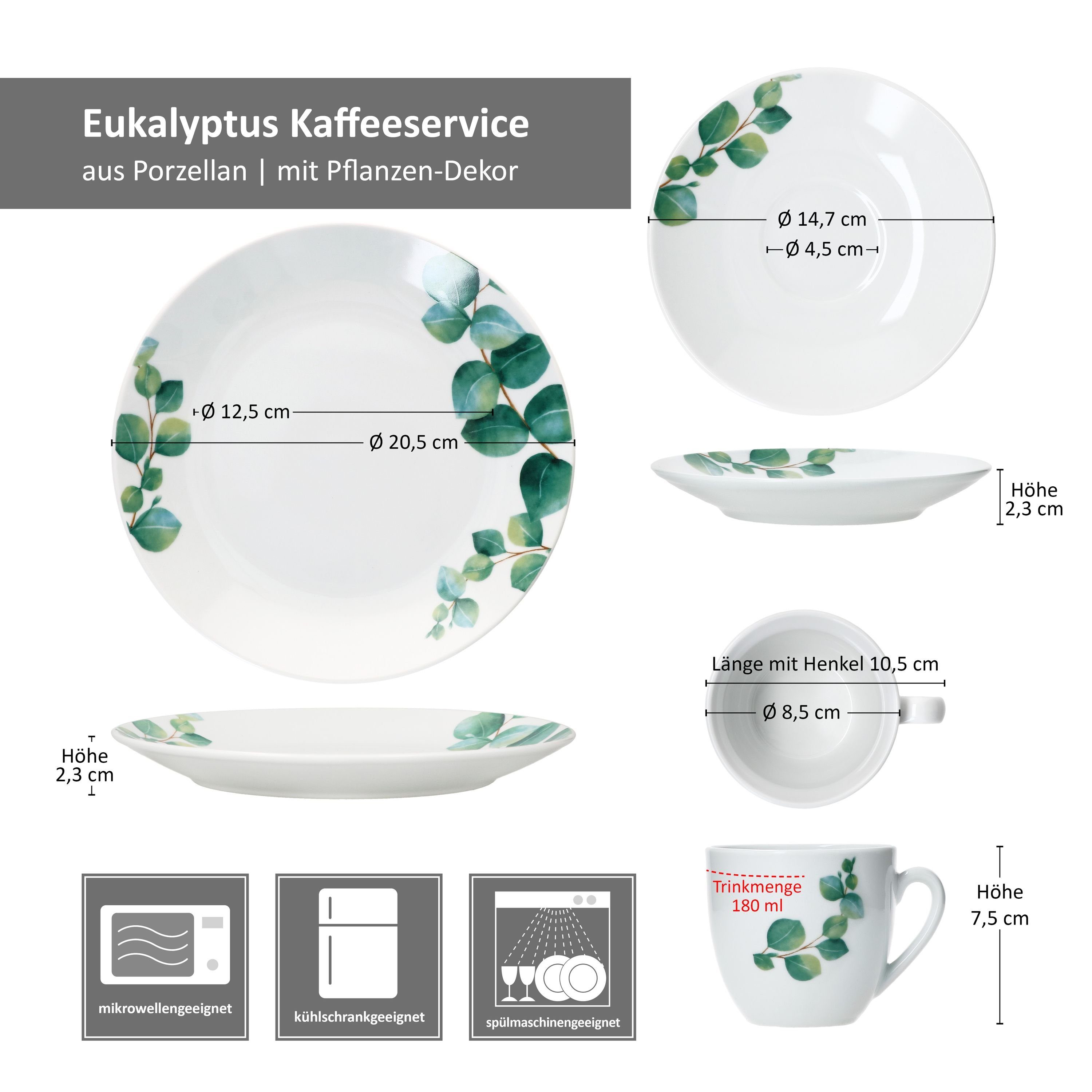 Eukalyptus 6 Kaffeeservice Personen Tassen Teller, Porzellan Kaffeeservice Porzellan 18tlg MamboCat