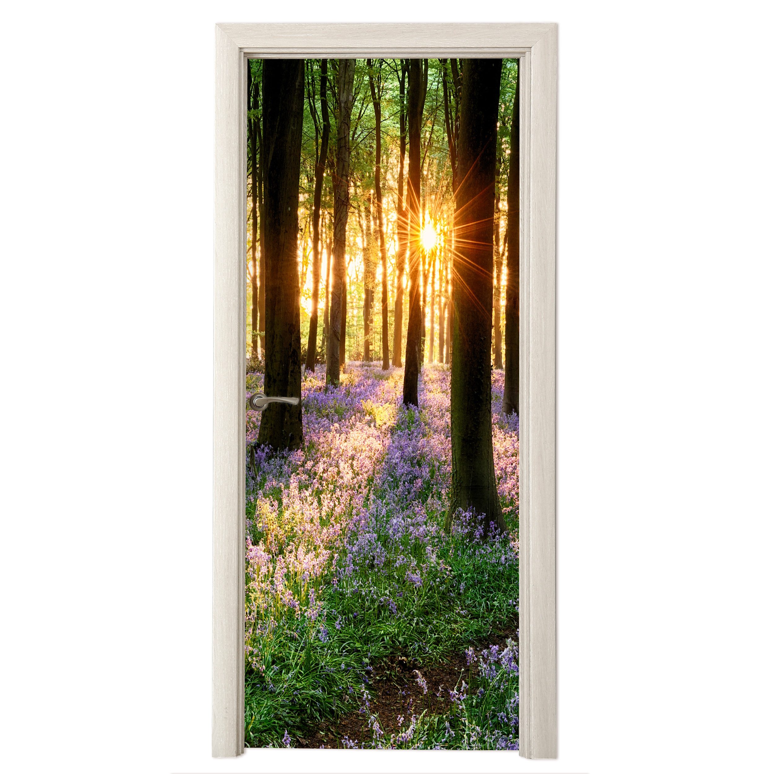 MuchoWow Türtapete Wald - Blumen - Lavendel - Sonne - Lila - Natur, Matt, bedruckt, (1 St), Selbstklebende Tapete, Folie für Möbel, 70x215 cm