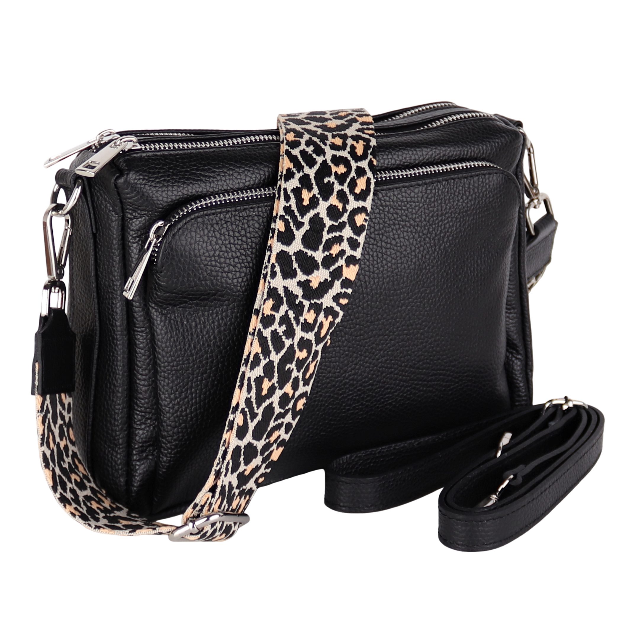 MIRROSI Umhängetasche Damen, Echtleder, Leder, Made in Italy, Mittelgroß, (Schultertasche für jeden Anlass (1 Tasche mit 1 oder 2 Gurte), 27x19x10cm, Drei Hauptfächer mit Reißverschluss), Crossbody Bag, Schwarz, gemusterten& verstellbaren Schulterriemen