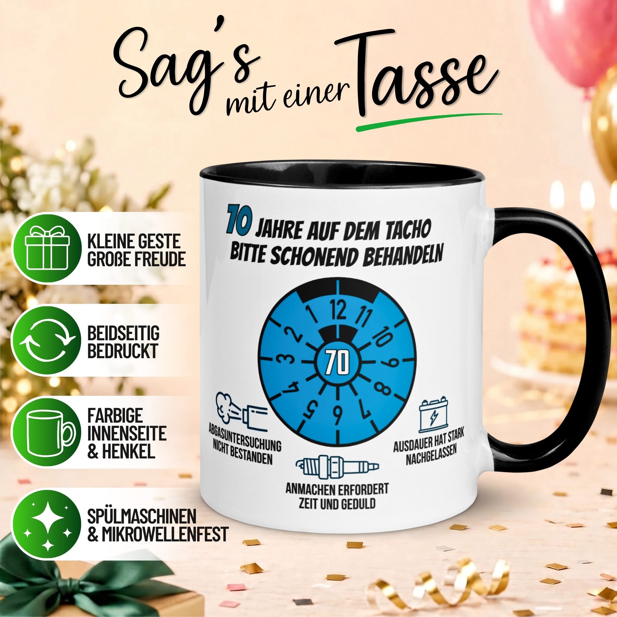 Momentals Tasse 70. Geburtstag Mann – „70 Jahre auf dem Tacho - Schonend Behandeln“, Gratis Versand · Links-&Rechtshänder · Spülmaschinenfest
