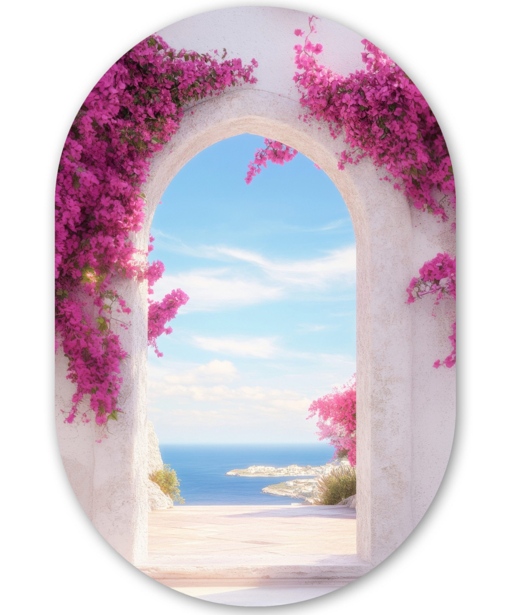 MuchoWow Gemälde Meer - Rosa - Blumen - Tor, Fotodruck (1 St), Wandbild Oval, Wohnzimmer oder Schlafzimmer Wanddekoration, 40x60 cm
