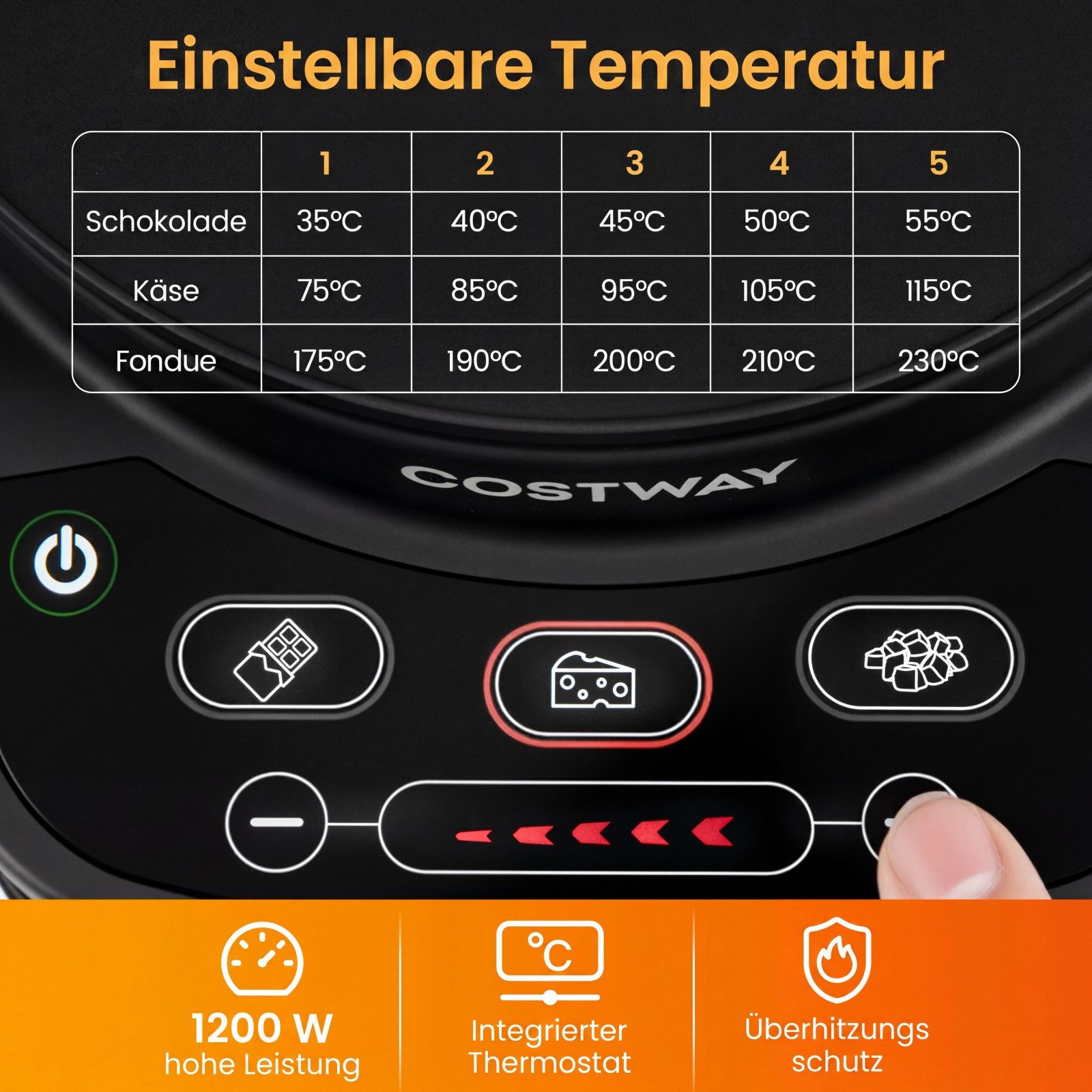 COSTWAY Elektro-Fondue, 1200W Fondueset mit 3L Edelstahltopf & 6 Gabeln