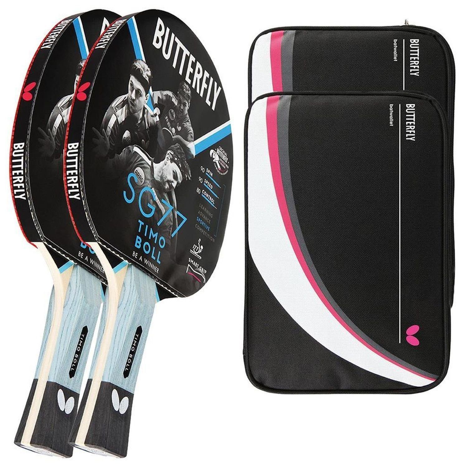 Butterfly Tischtennisschläger 2x Timo Boll SG77 + 2 x Drive Case 2, Tischtennis Schläger Set Tischtennisset Table Tennis Bat Racket