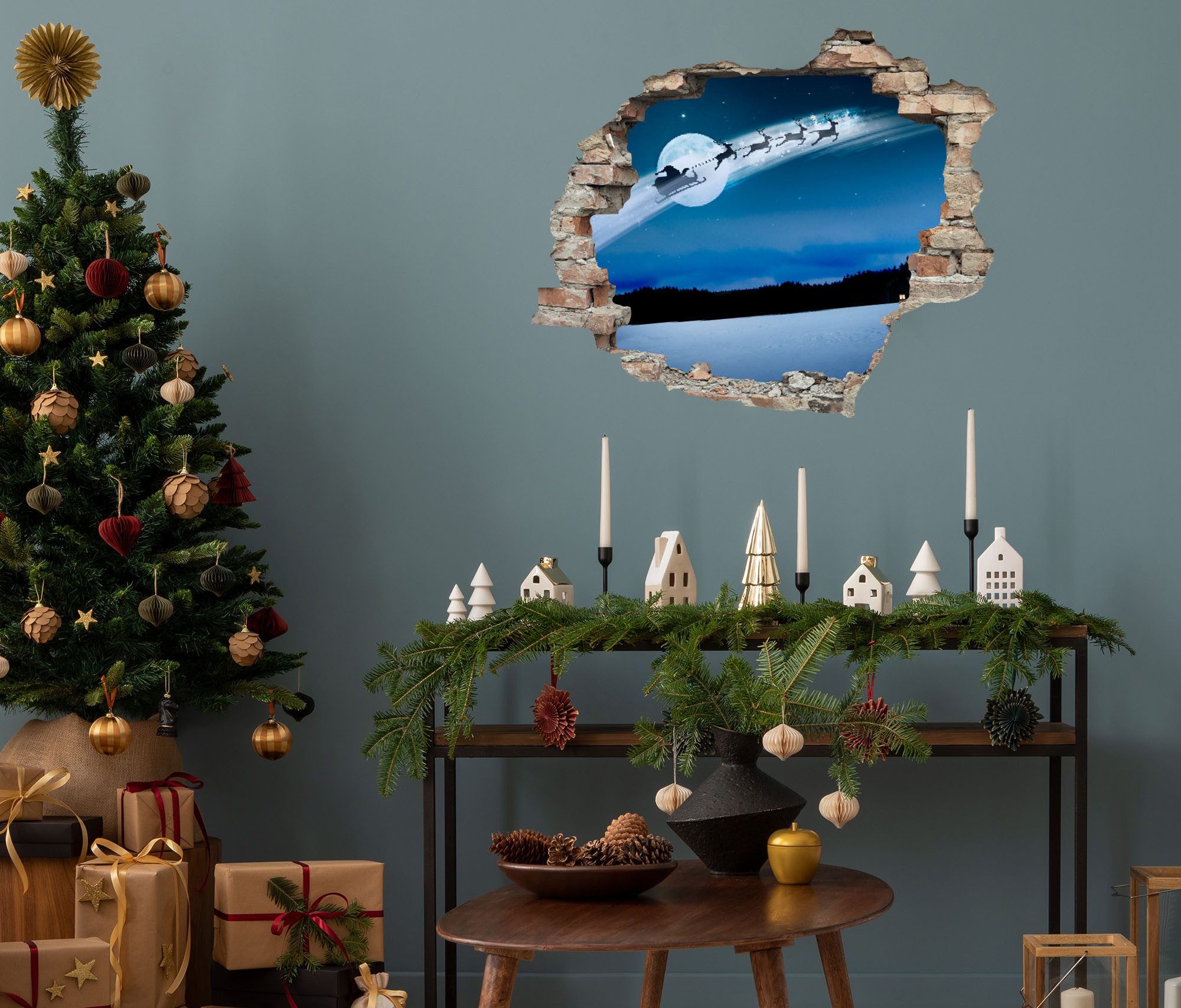 queence 3D-Wandtattoo Der Weihnachtsmann im Schlitten (1 St), selbstklebender Wandsticker Weihnachten